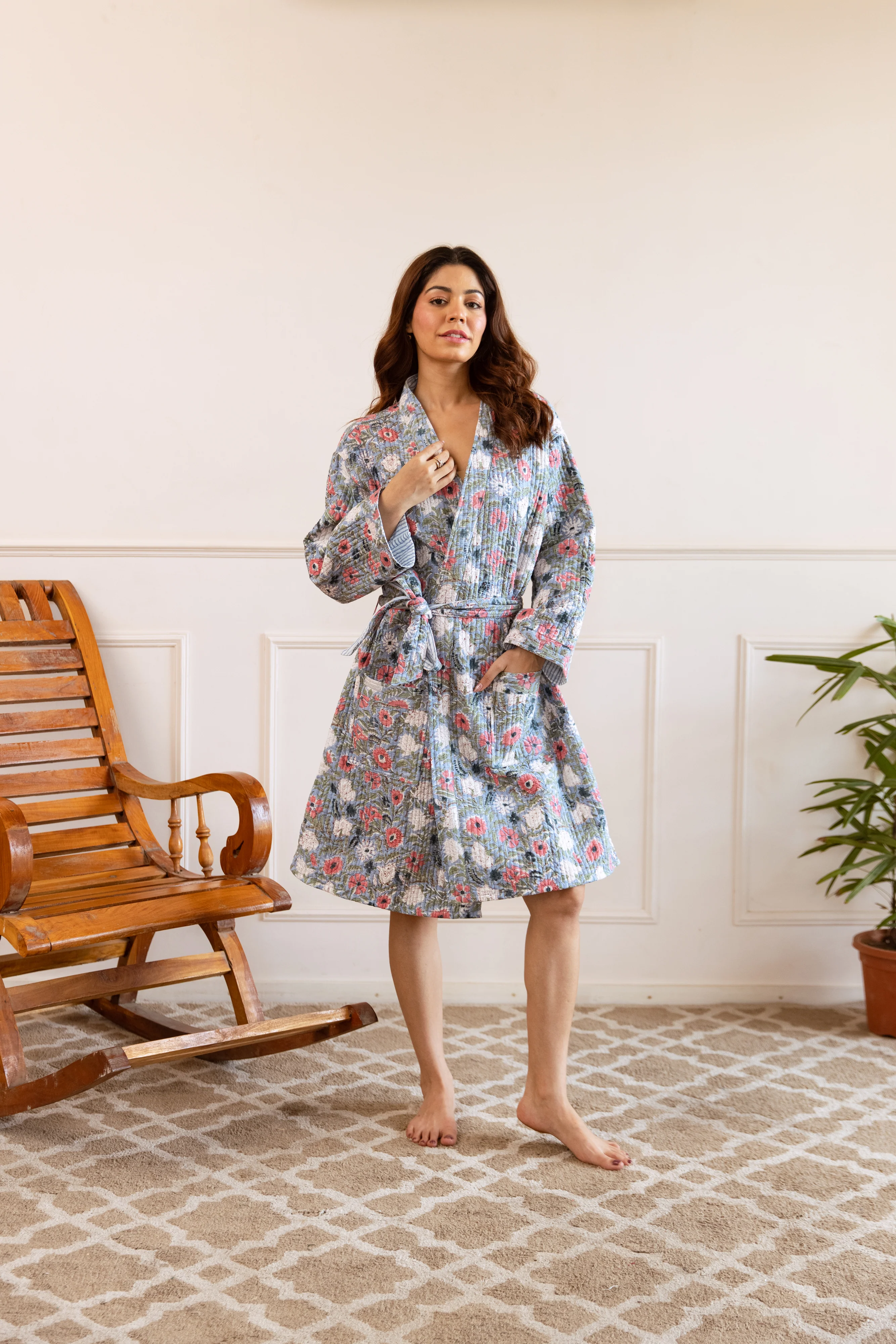 SALE Short Luxury Quilted Hand Block Print Robe - Meadow Bloom - Happy Cabbage London