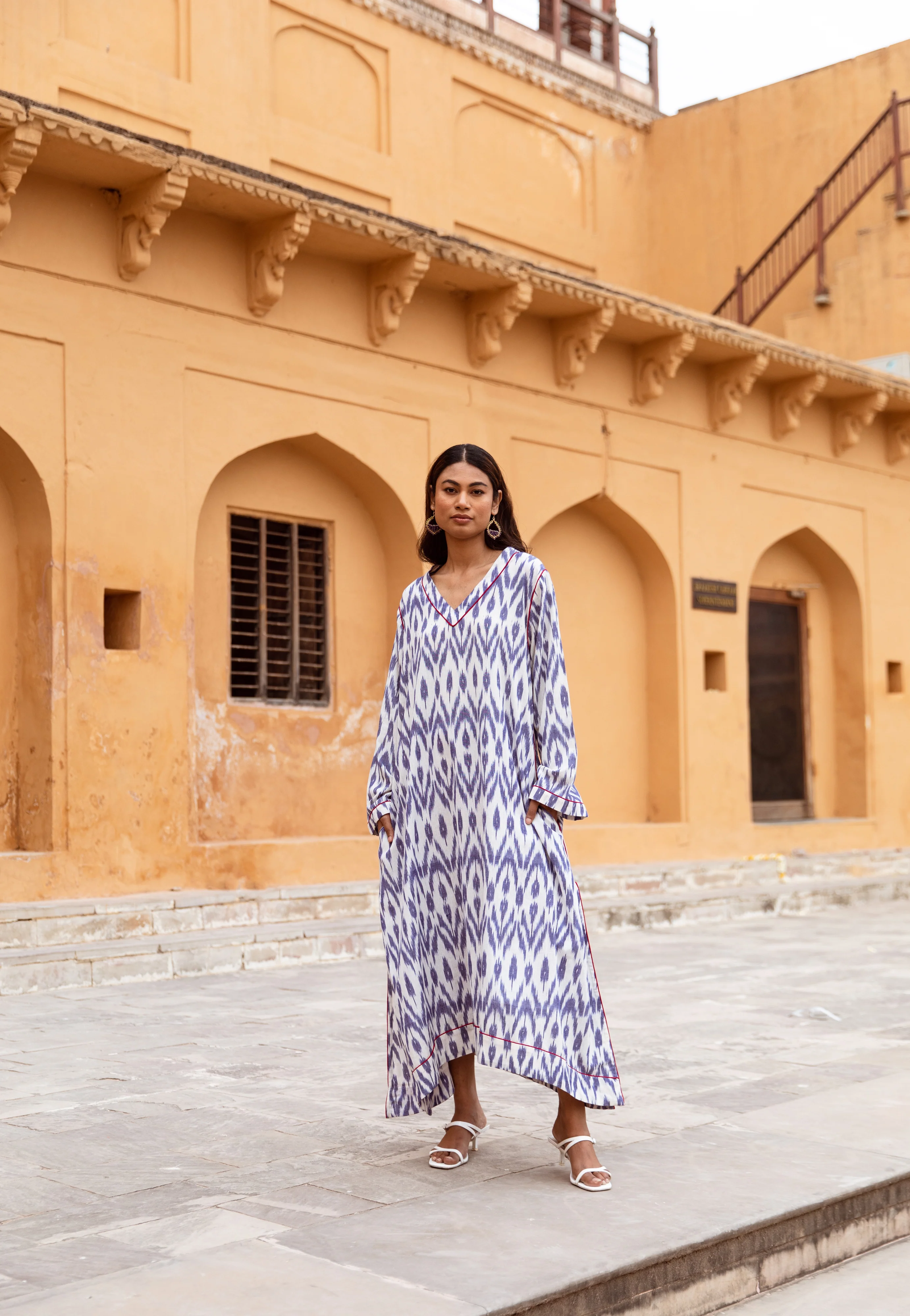 SALE The Alexa Handloom Dress - Blue & White - Happy Cabbage London