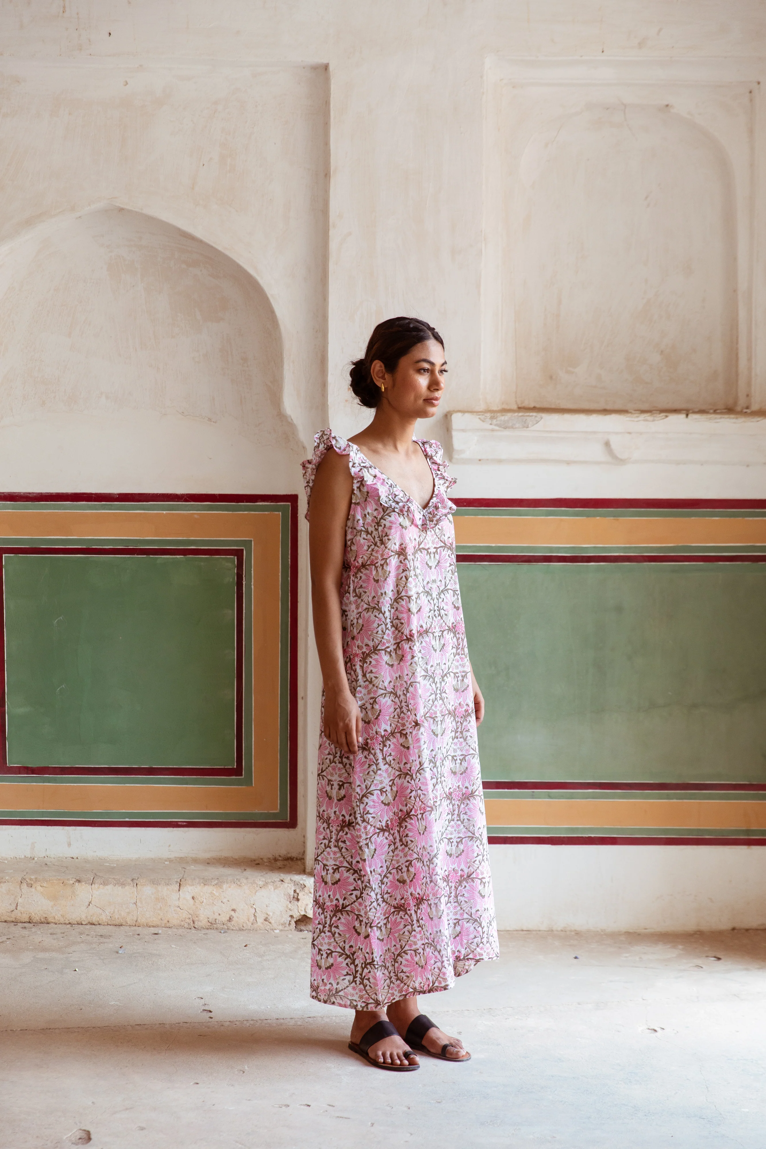 Block Print Cotton Nightdress - Soft Pink Floral Fan Print - Happy Cabbage London