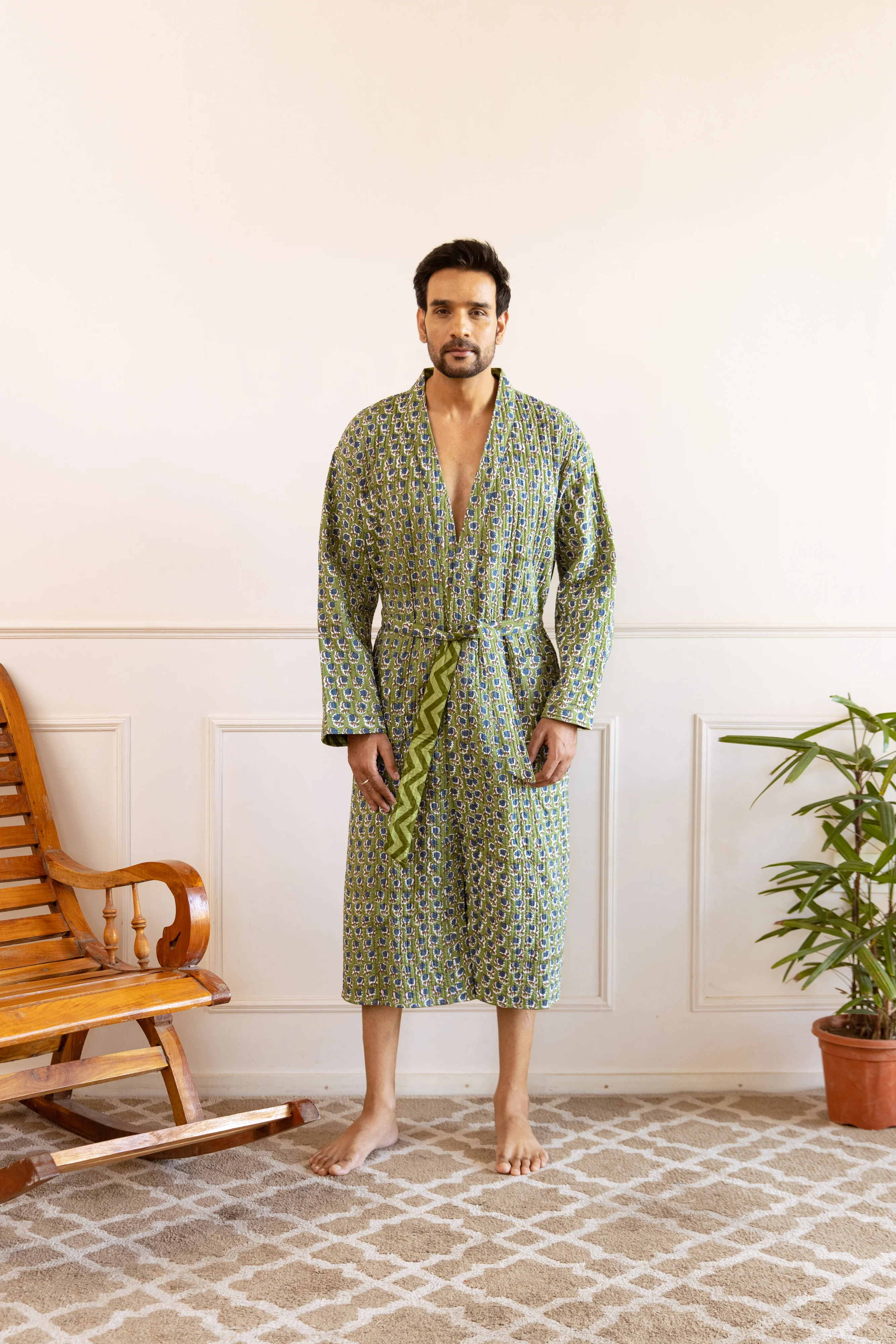 Men's Luxury Quilted Hand Block Print Robe - Olive & Indigo - Happy Cabbage London