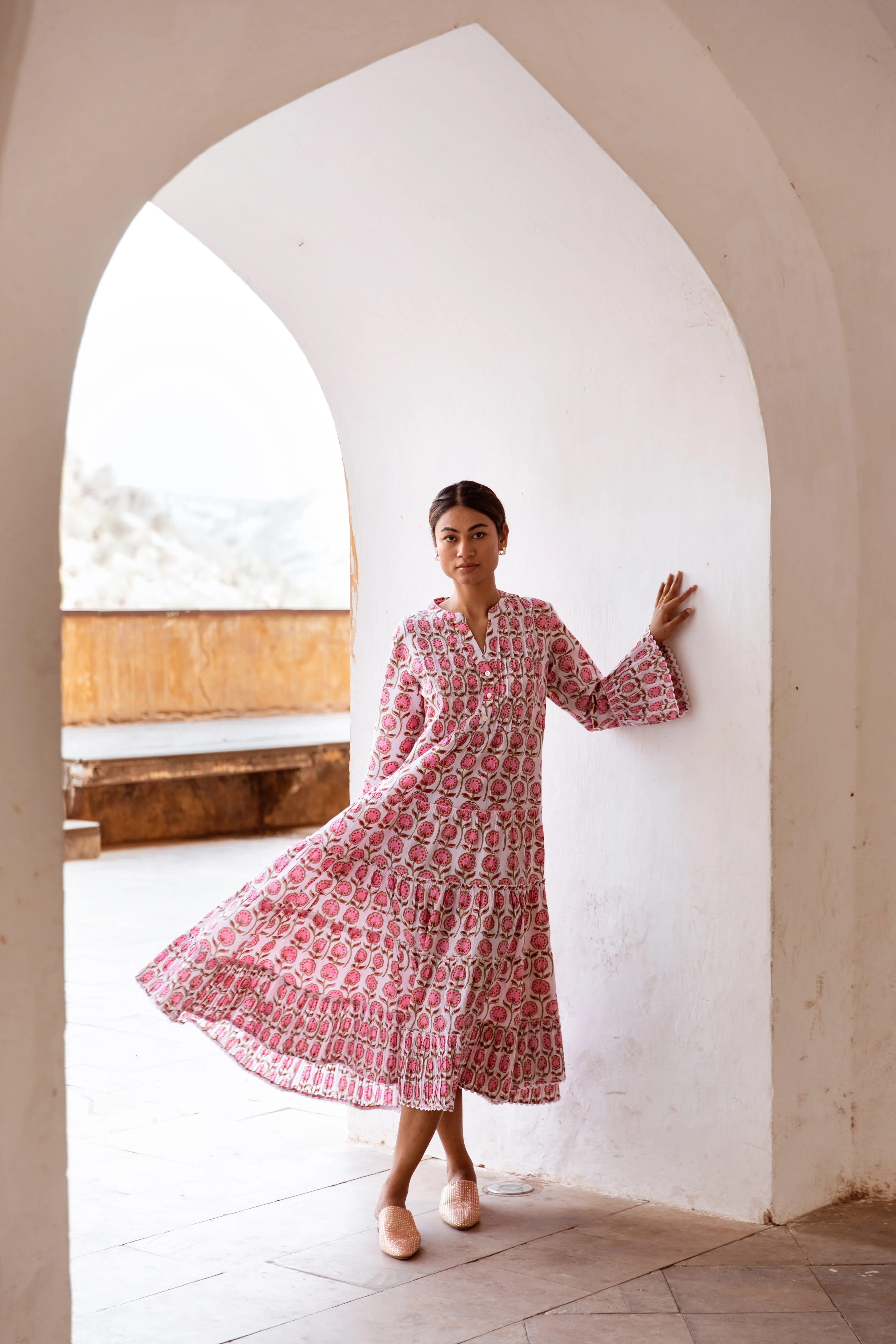 The Veda - Midi Cotton Block Print Dress - Pink Floral Print - Happy Cabbage London