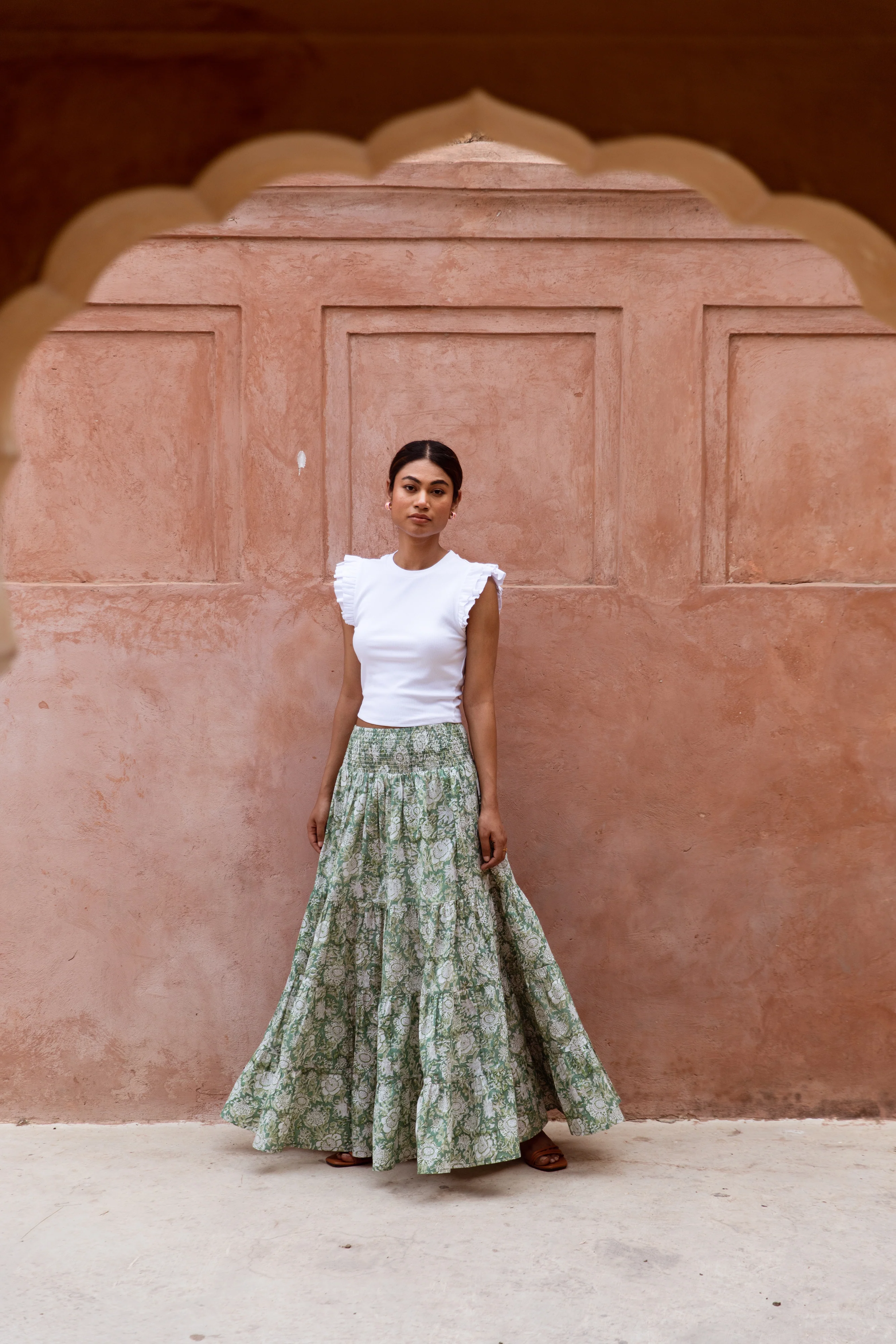 Cotton Block Print Skirt - Forest Green - Happy Cabbage London
