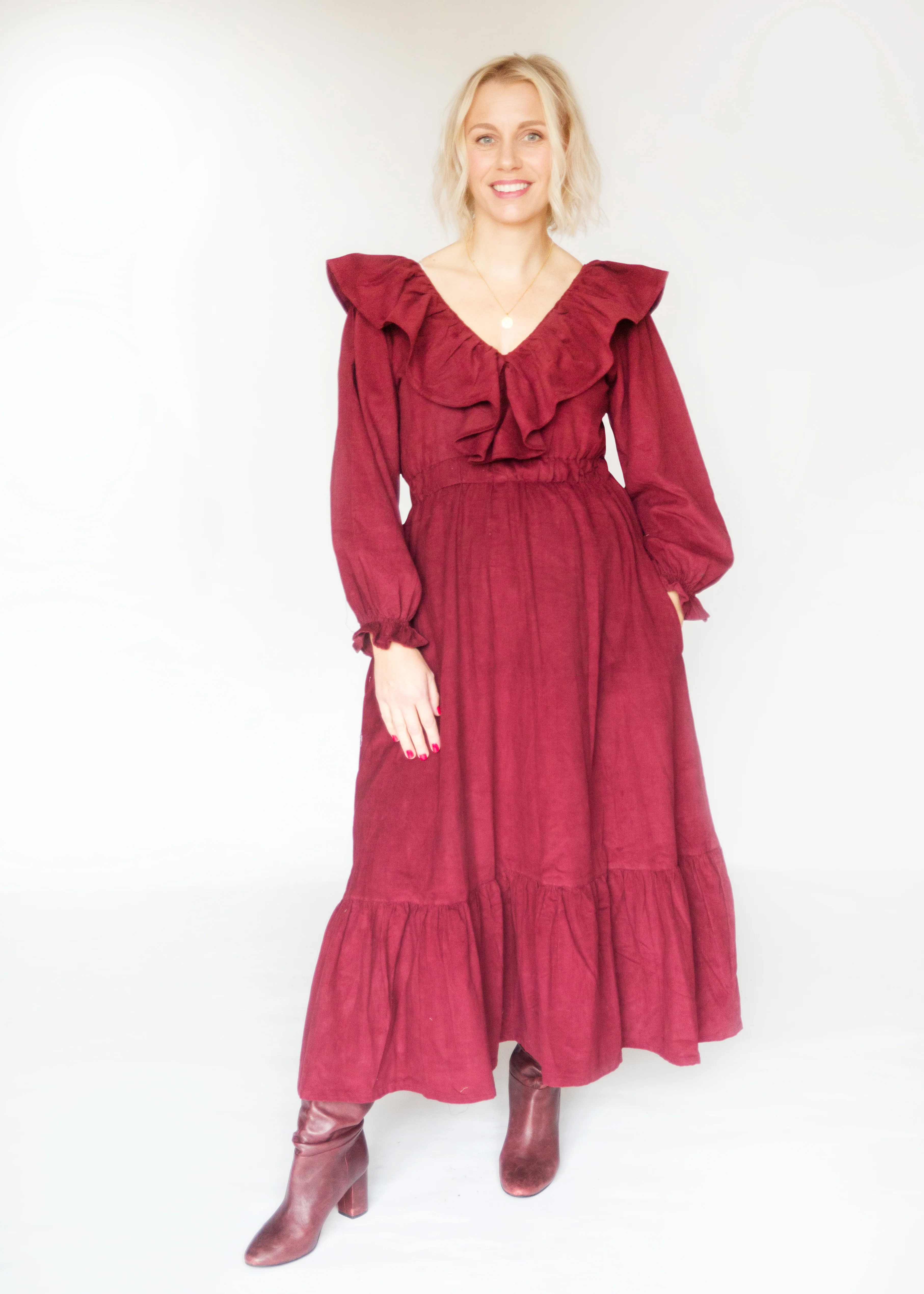 SALE The Claudia, Berry Pink Corduroy Dress with Block Print Lining - Happy Cabbage London