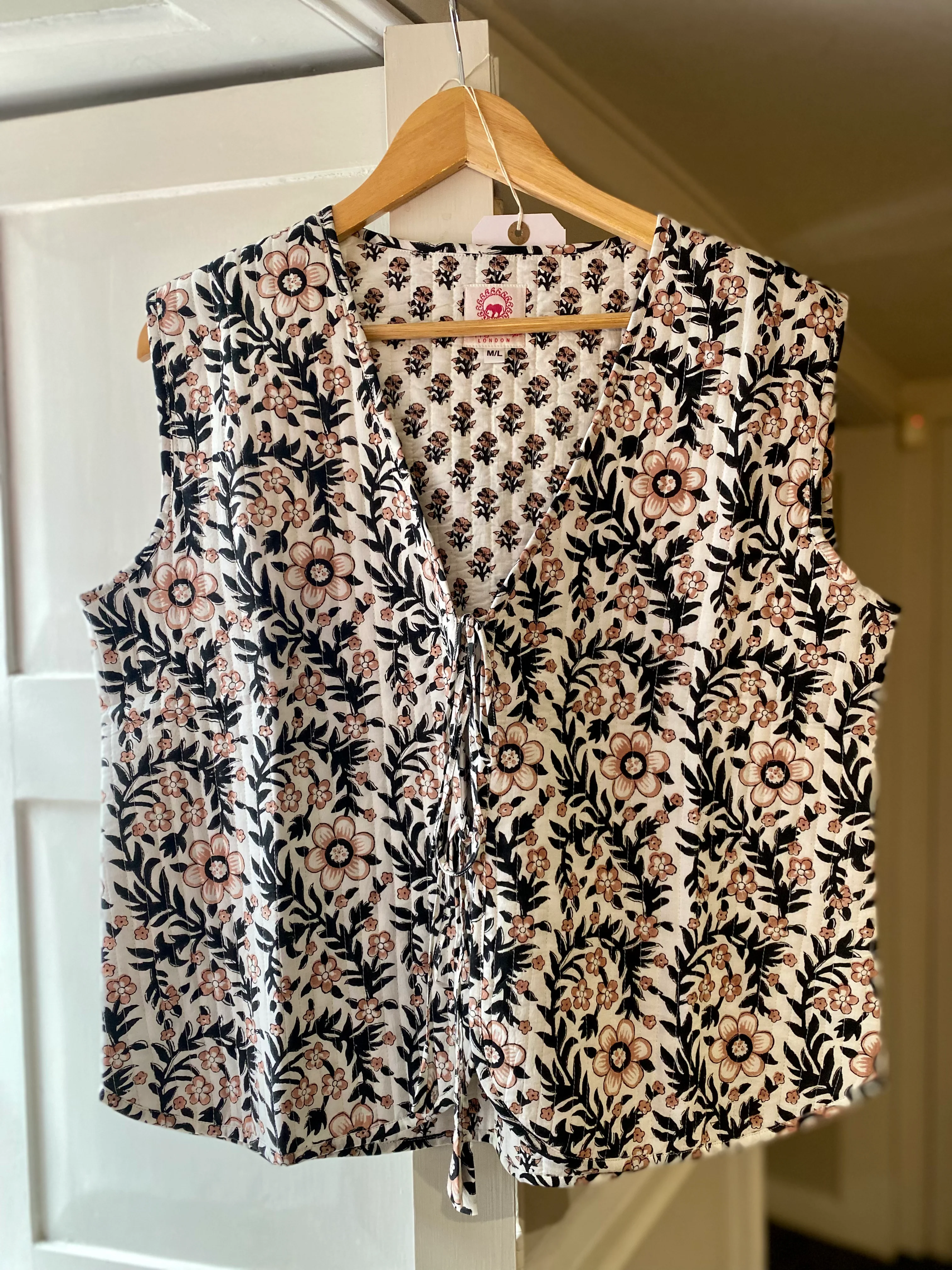 Quilted Waistcoat - Black & Cream Floral Print - Happy Cabbage London