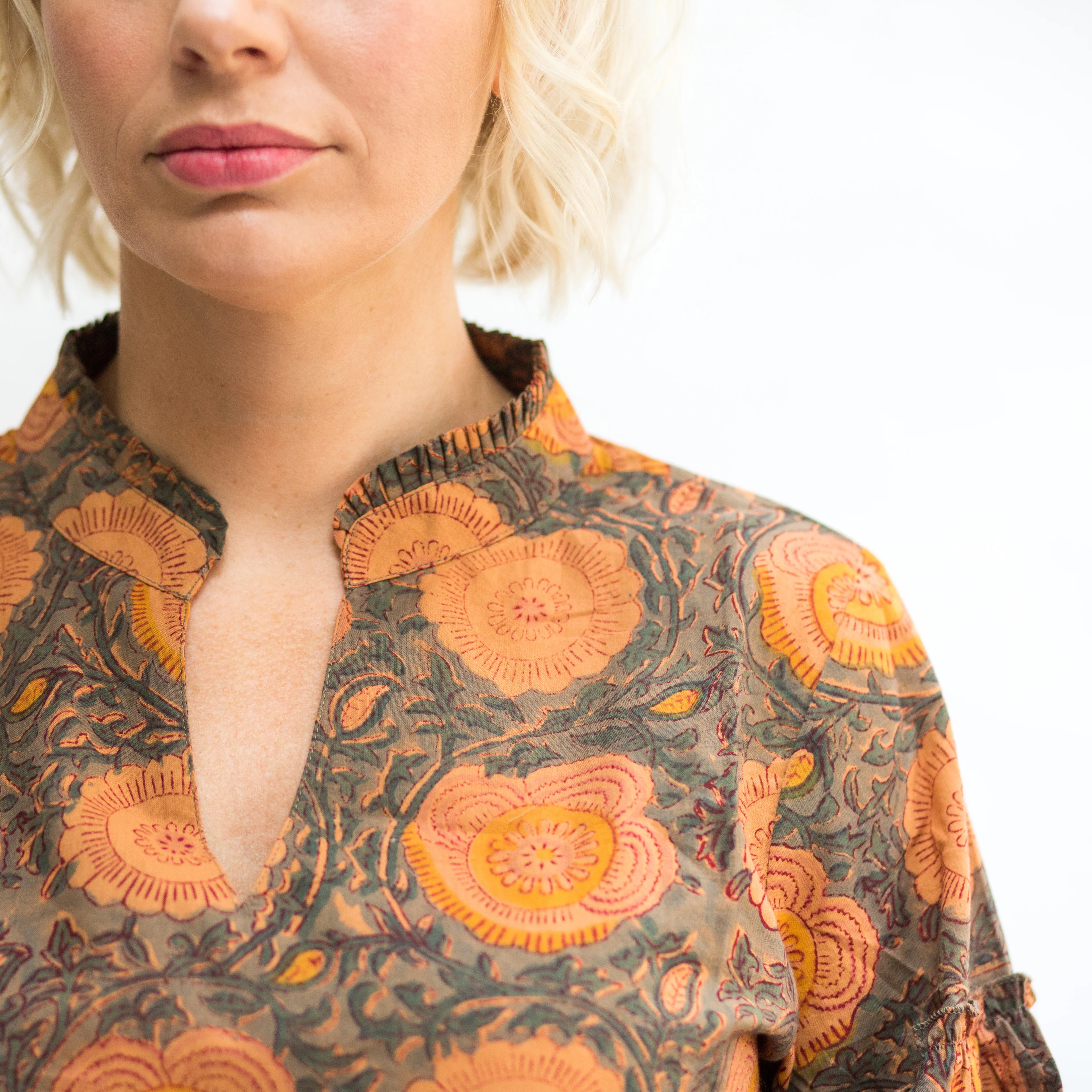 SALE Suri Cotton Block Print Dress - Grey & Coral - Happy Cabbage London