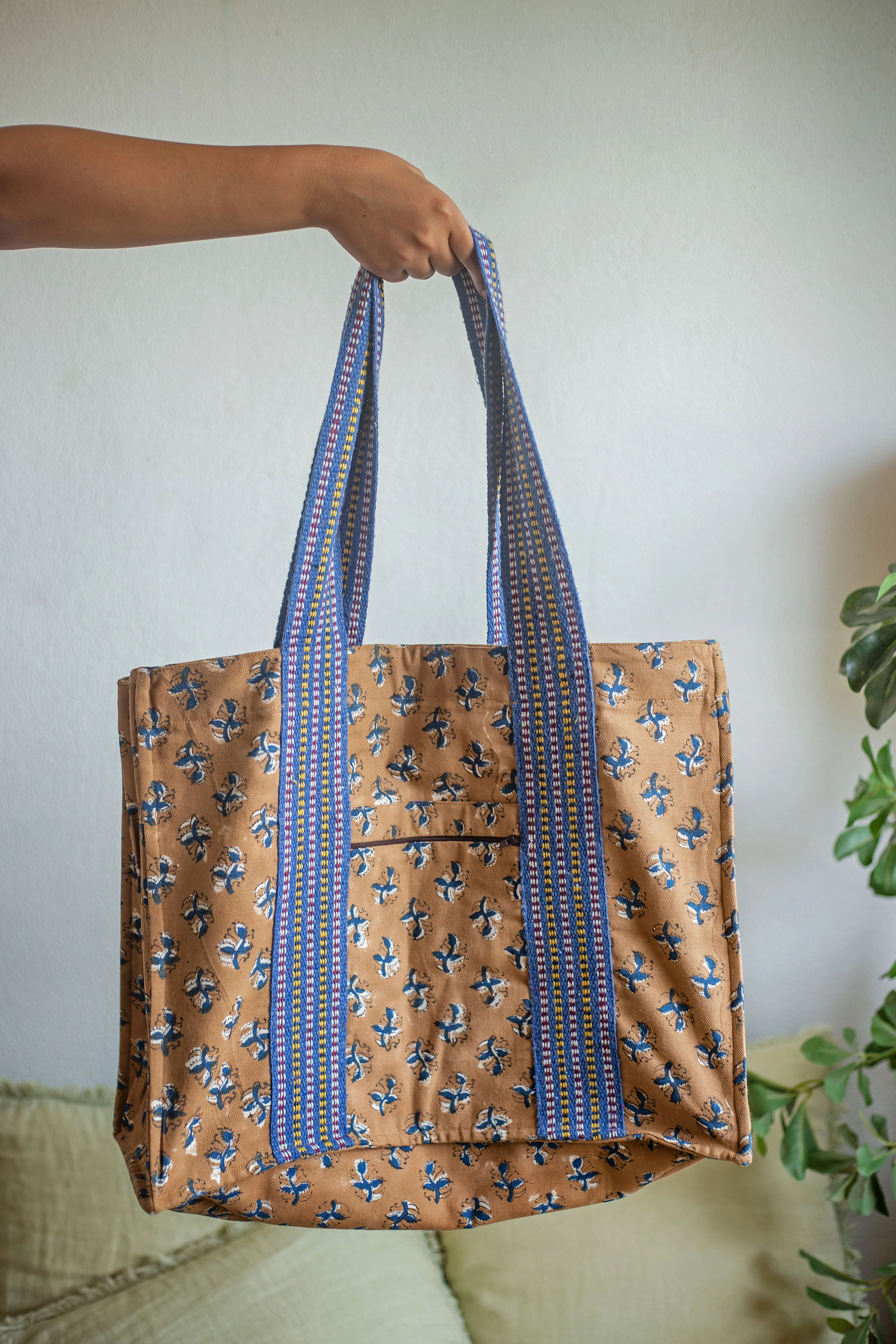 SALE Block Print Cotton Tote Bag - Hazelnut - Happy Cabbage London