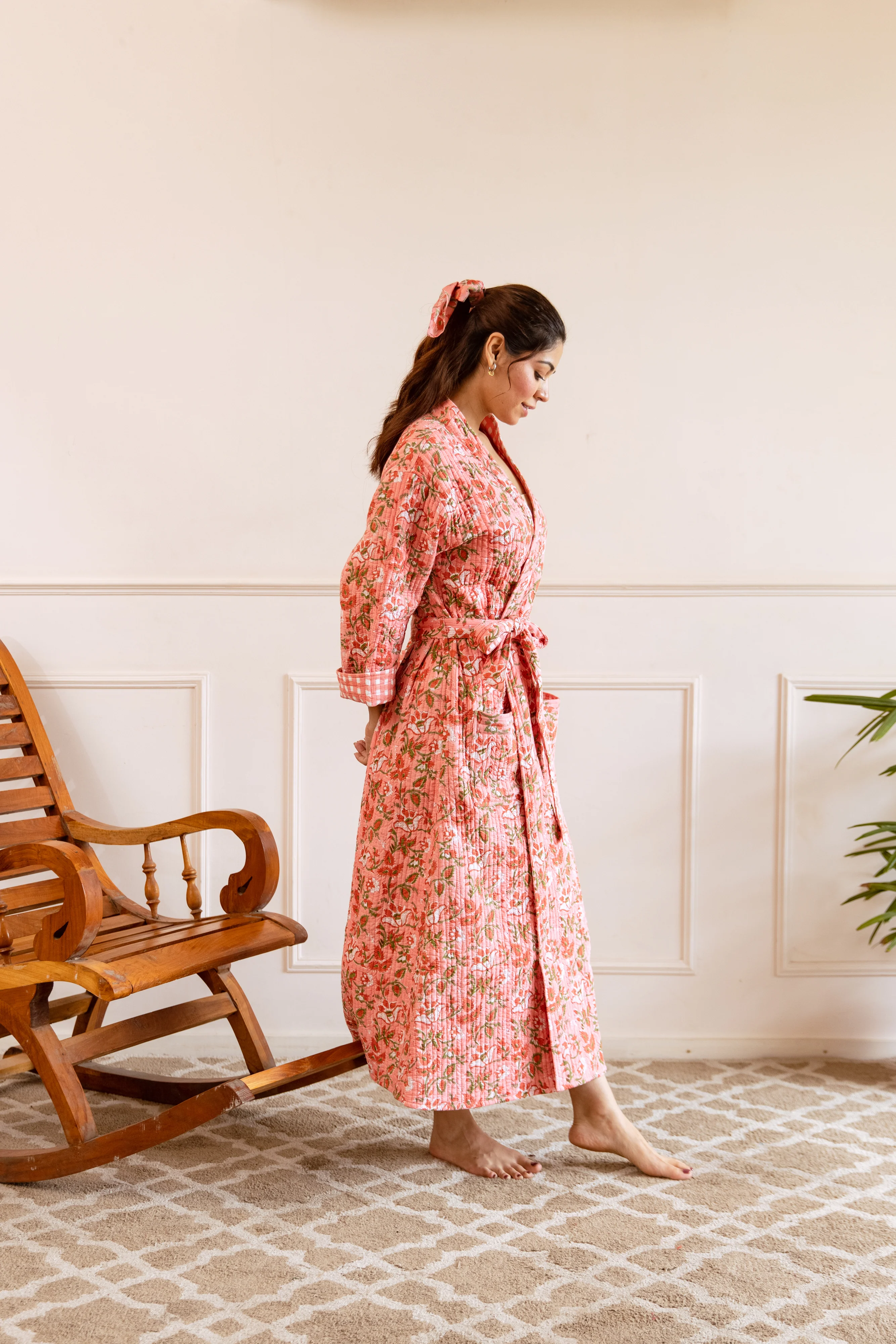 Luxury Quilted Hand Block Print Robe - Coral Garden - Happy Cabbage London