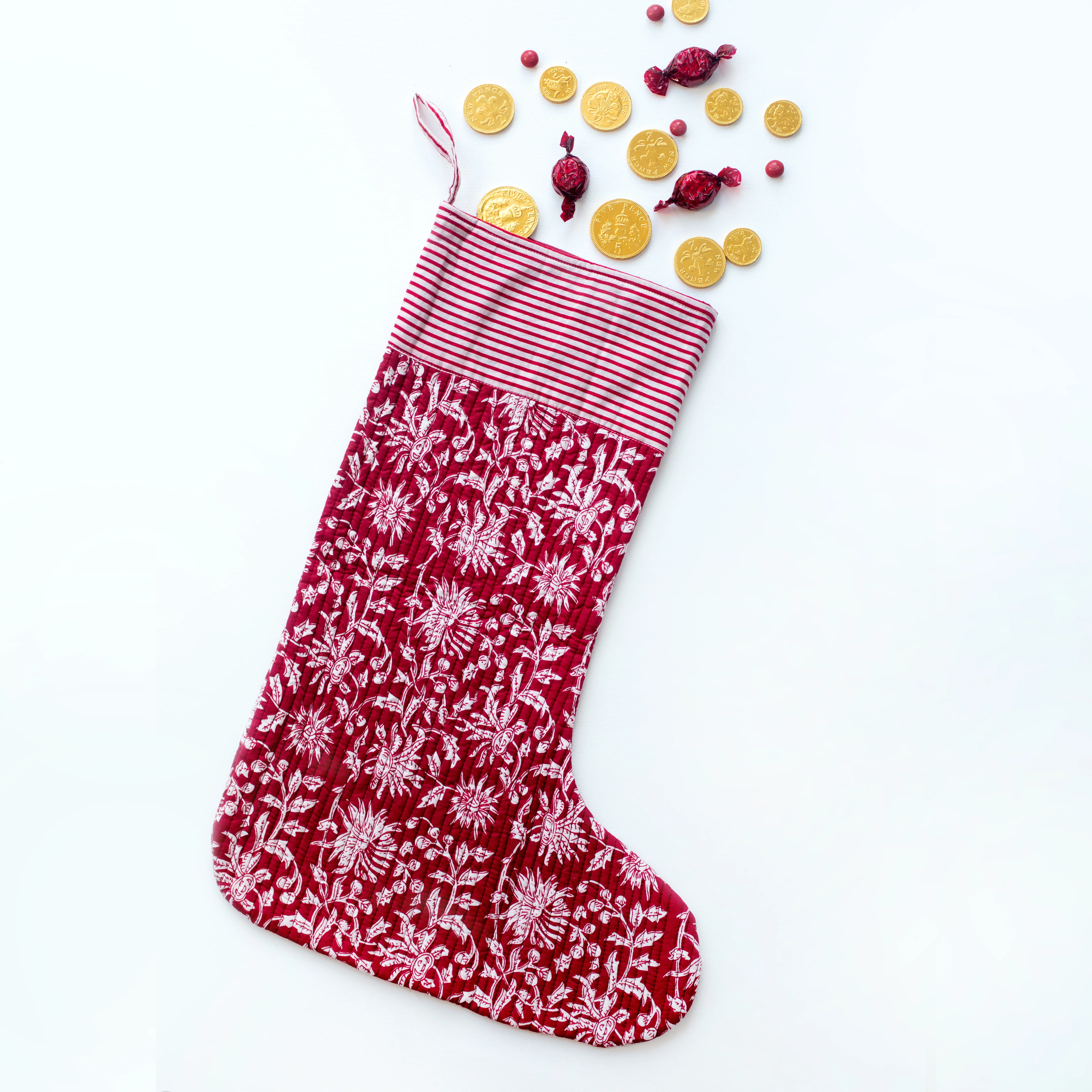 Luxury Quilted Christmas Stocking - Red & White - Happy Cabbage London