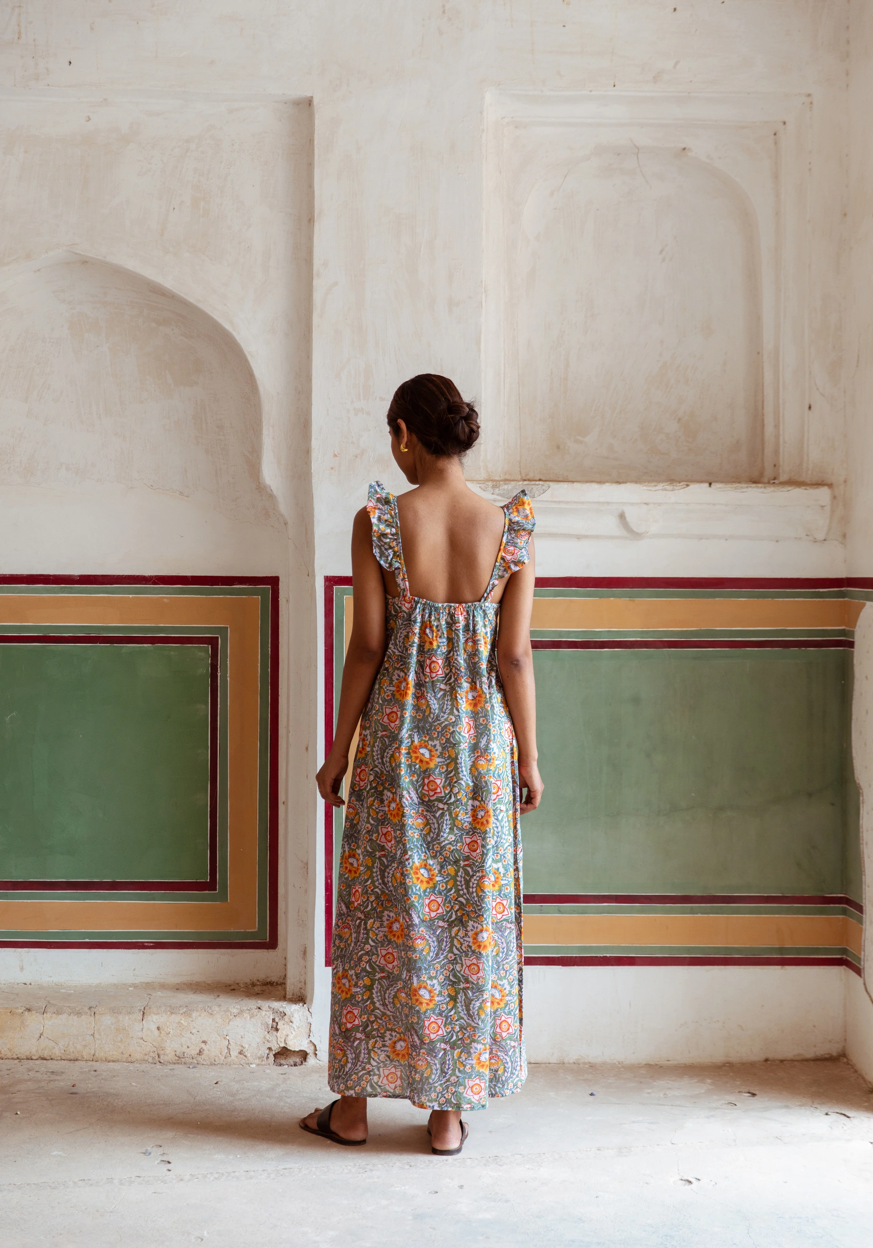 Block Print Cotton Nightdress - Green & Ginger Floral Print - Happy Cabbage London