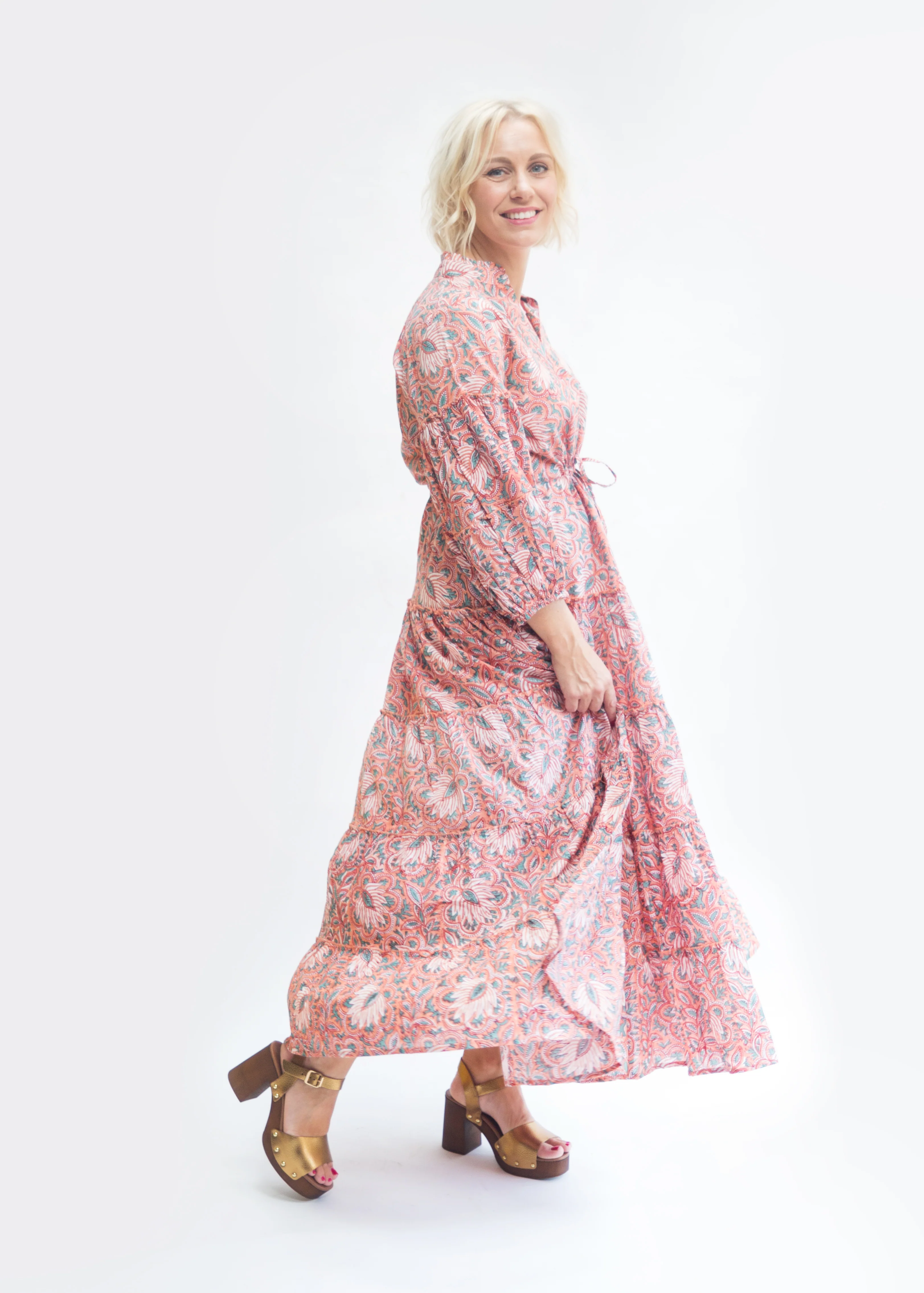 SALE Suri Cotton Block Print Dress - Coral & Blue - Happy Cabbage London