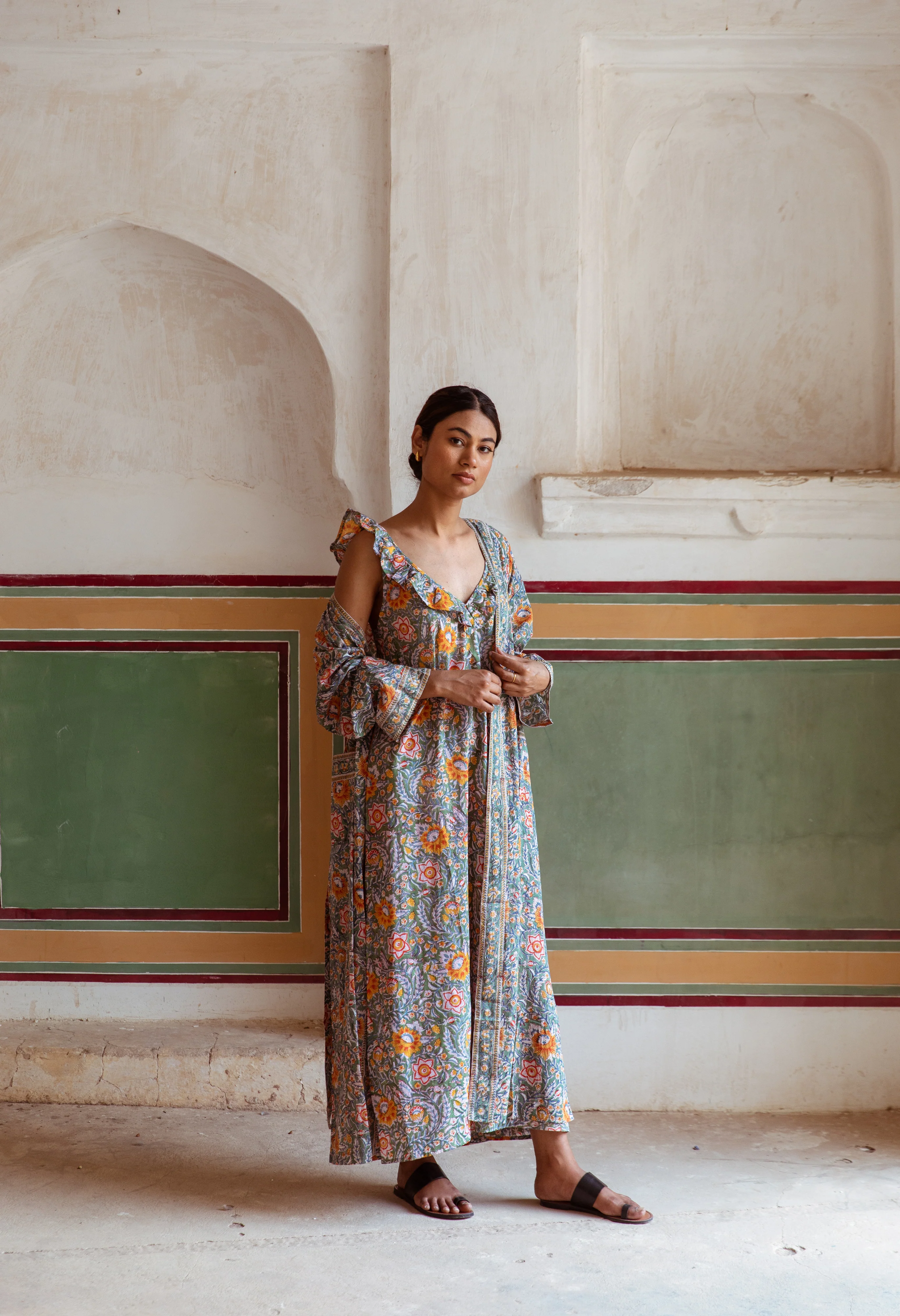 Block Print Cotton Nightdress - Green & Ginger Floral Print - Happy Cabbage London