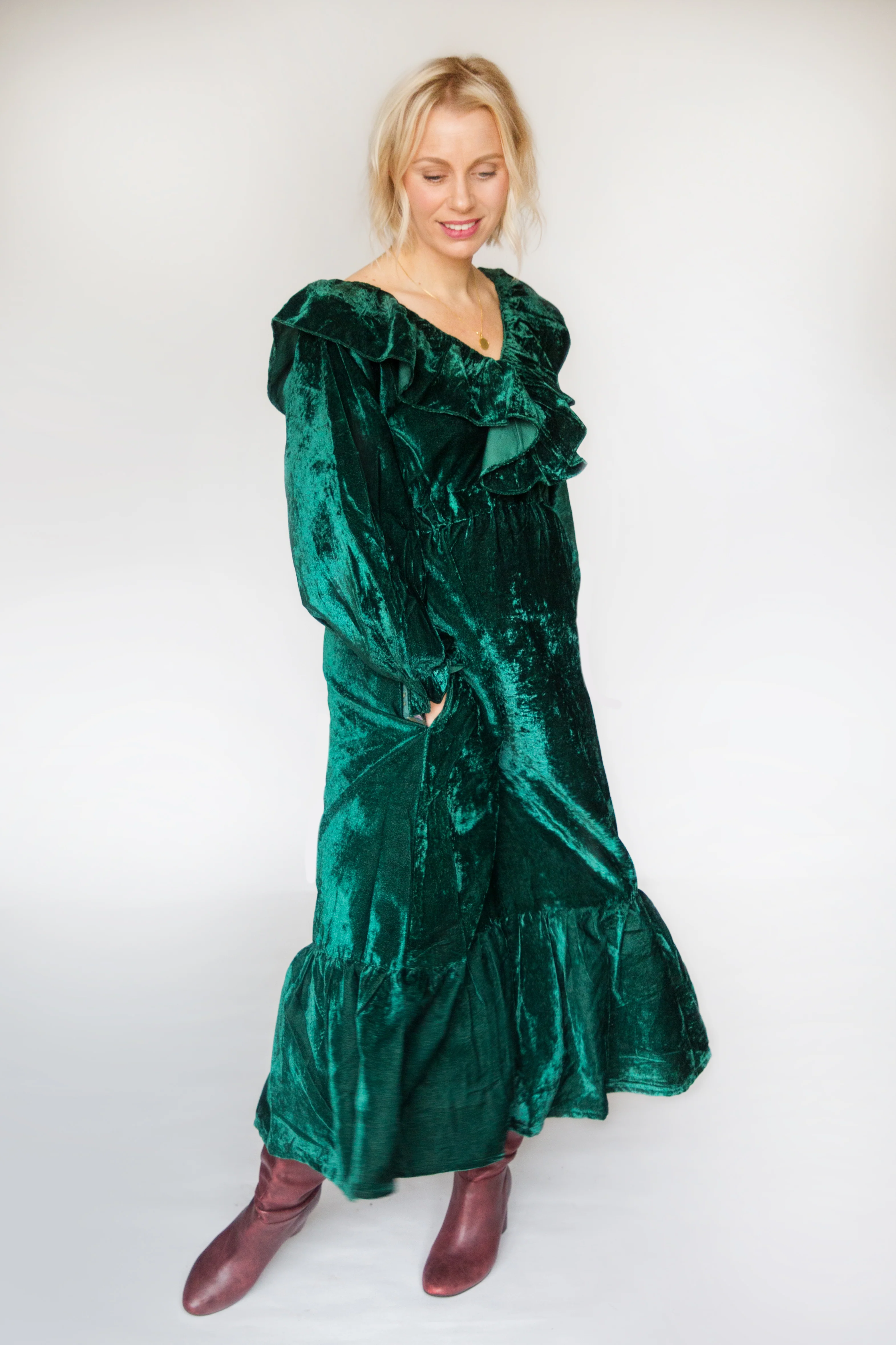 SALE The Claudia, Emerald Green Velvet Dress with Block Print Lining - Happy Cabbage London