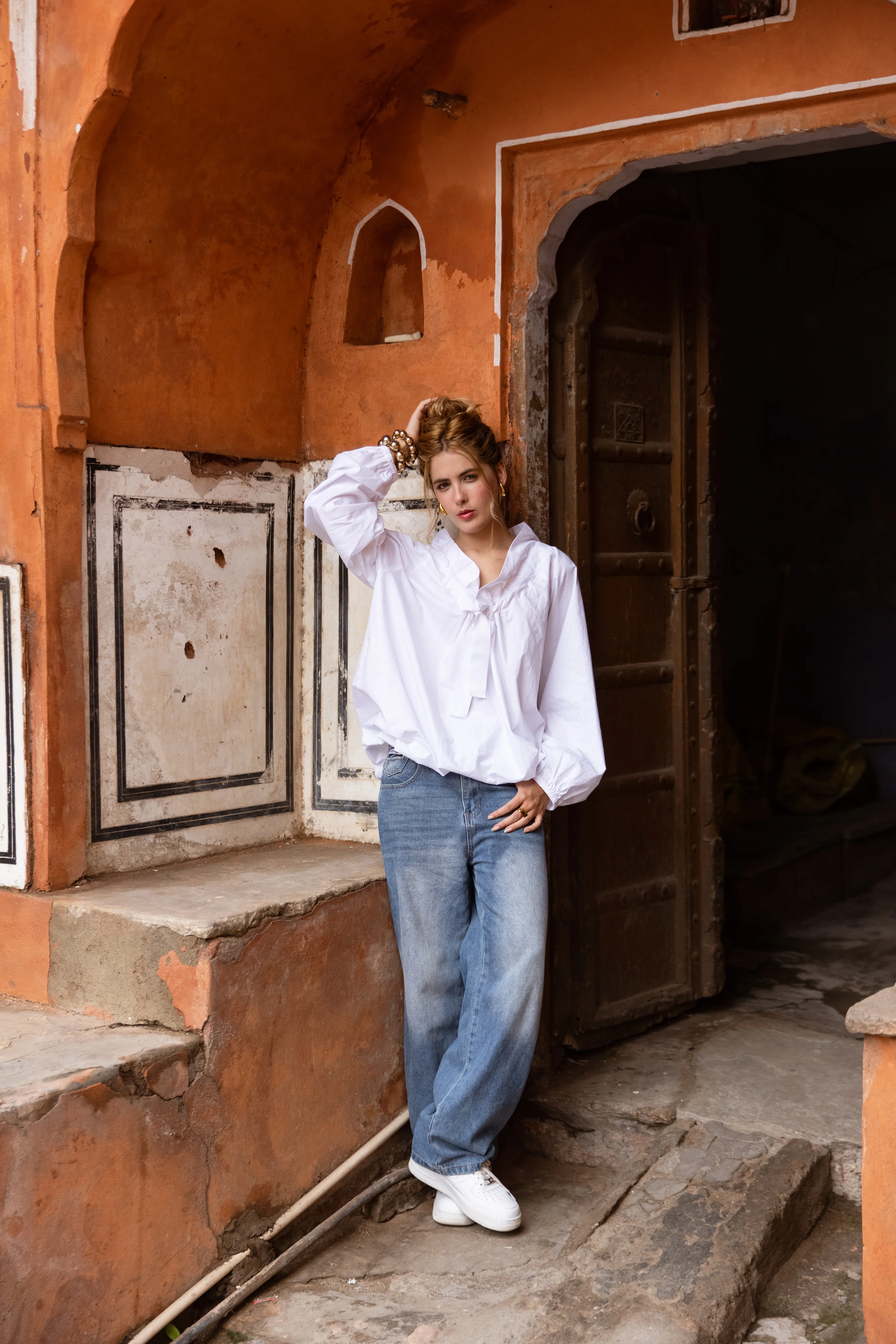 SALE White Cotton Blouse with Bow Neckline - Happy Cabbage London