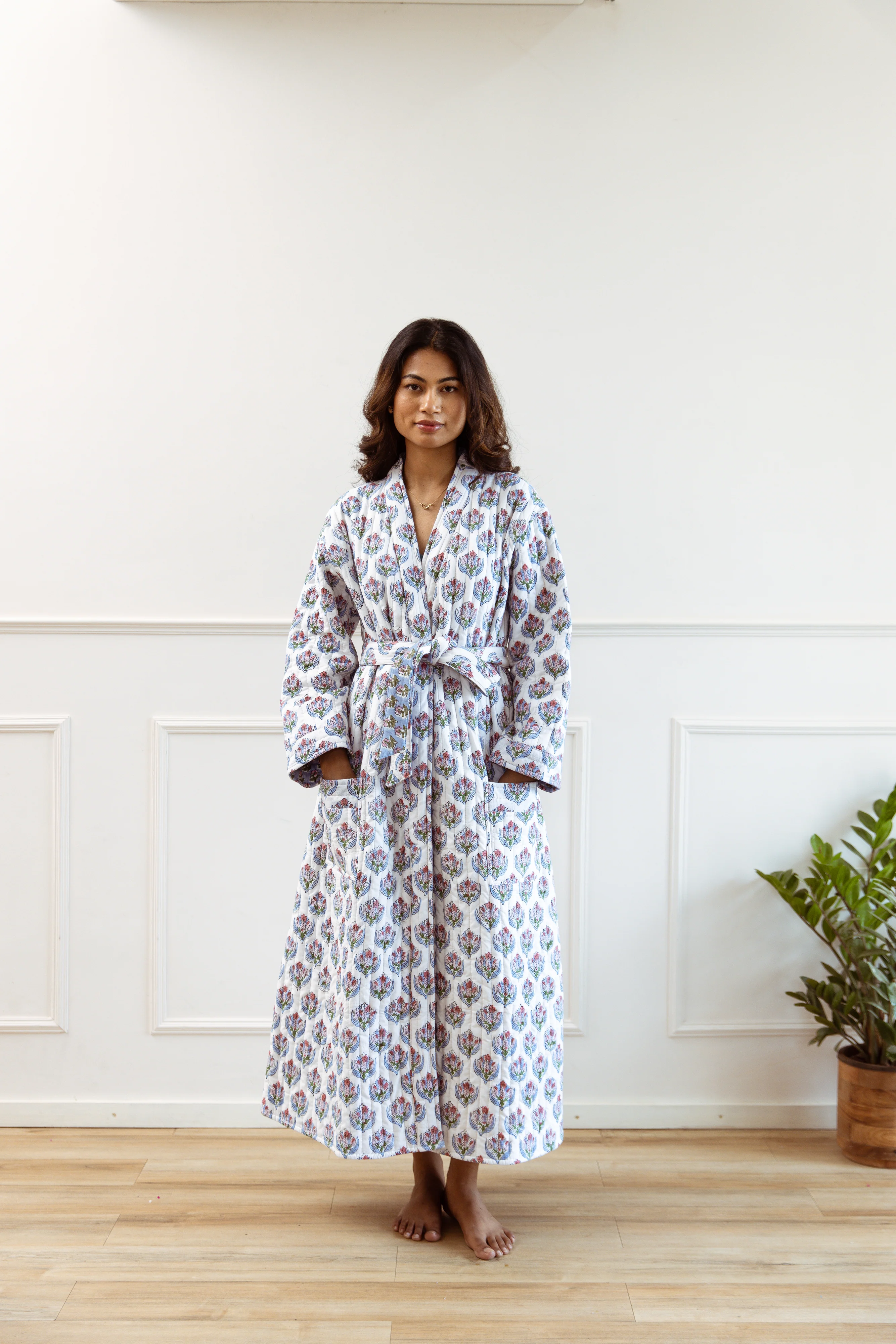 Luxury Quilted Hand Block Print Robe - Pink & Blue Bhuti Print - Happy Cabbage London