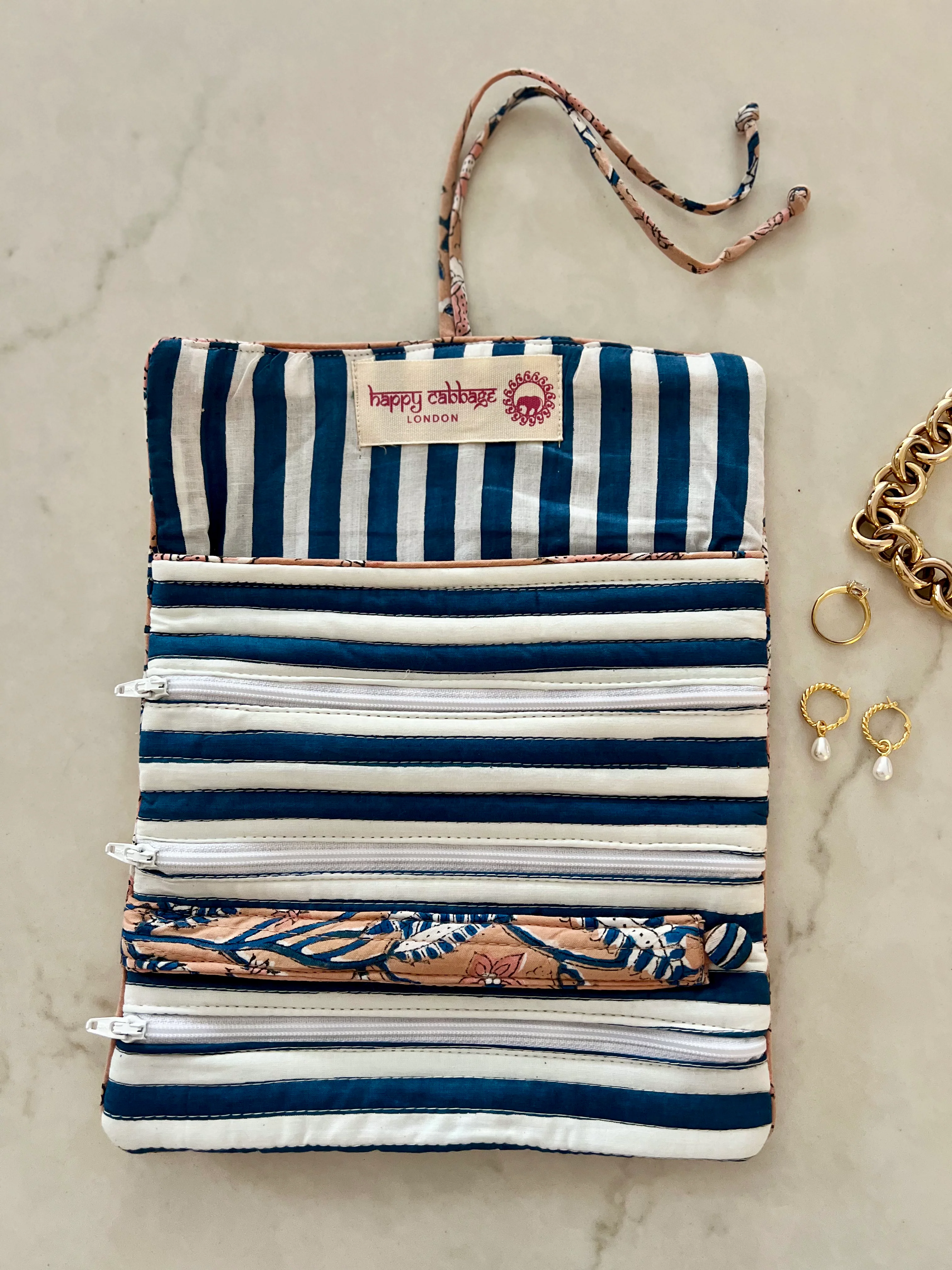 Block Print Jewellery Roll - Fawn & Navy - Happy Cabbage London