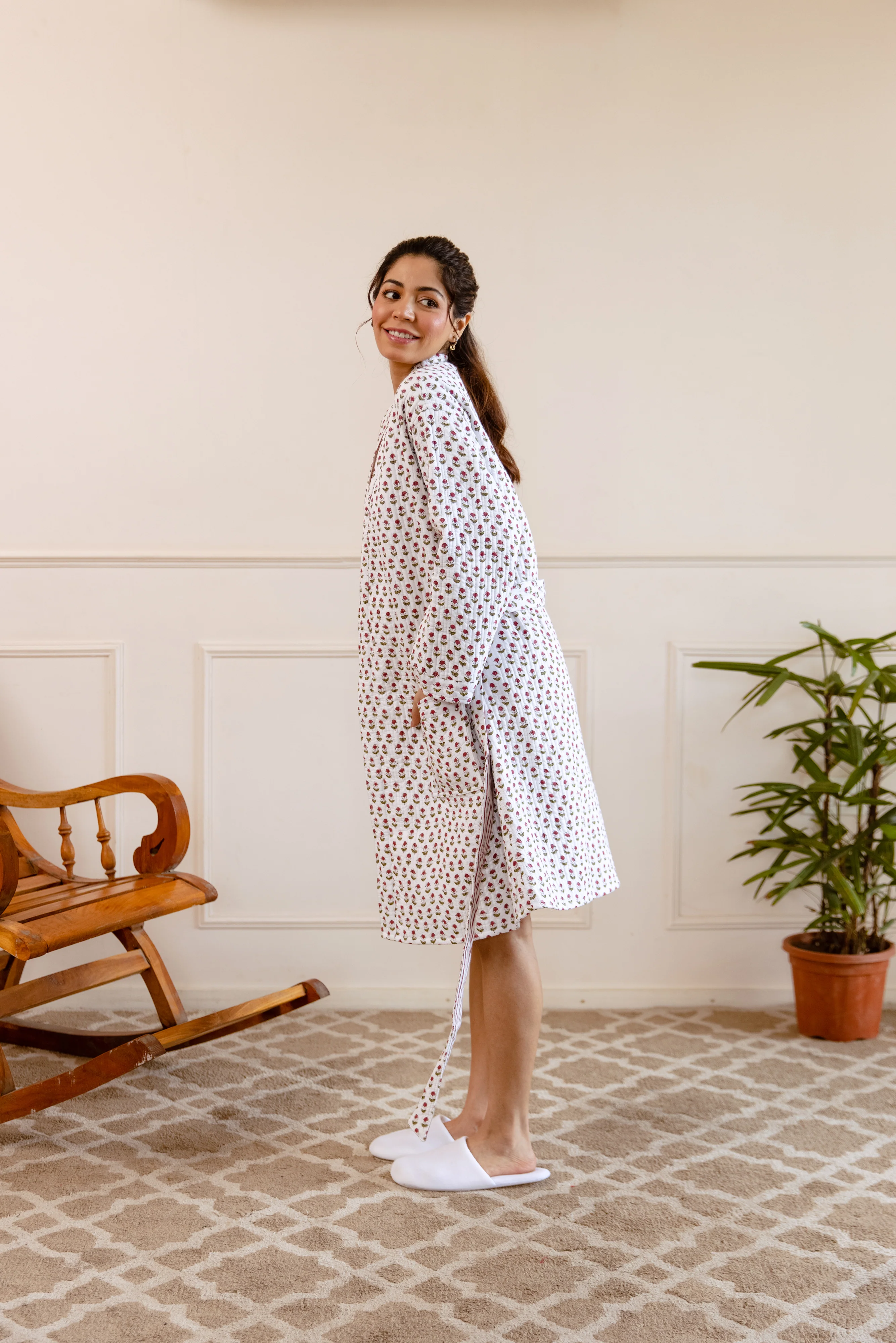 SALE Short Luxury Quilted Hand Block Print Robe - Wild Rose - Happy Cabbage London