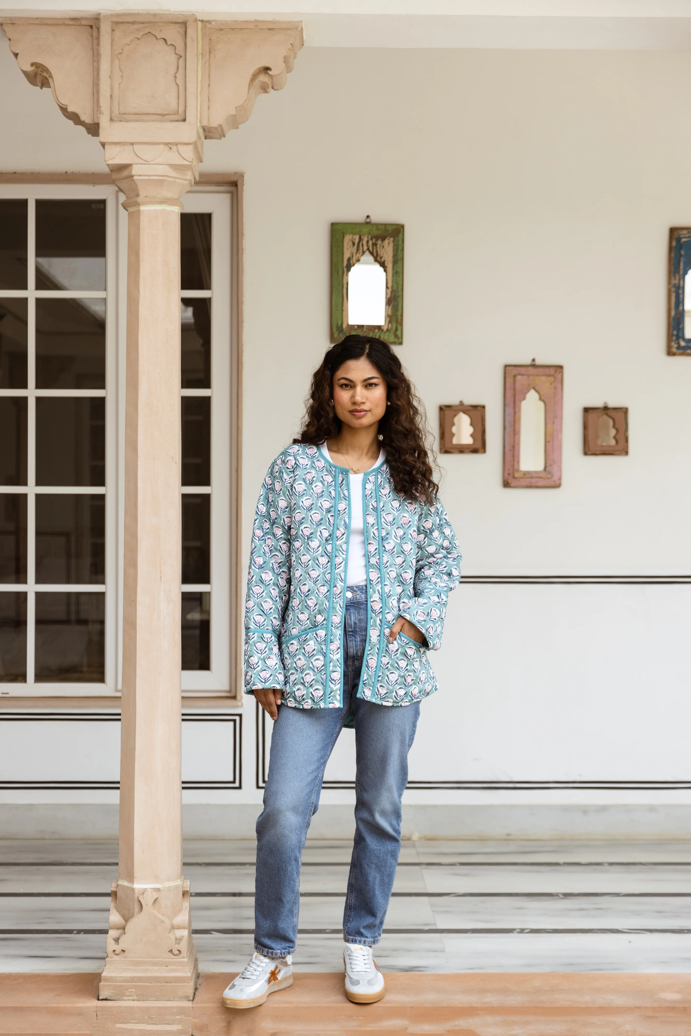 SALE Block Print Quilted Jacket - Blue - Happy Cabbage London