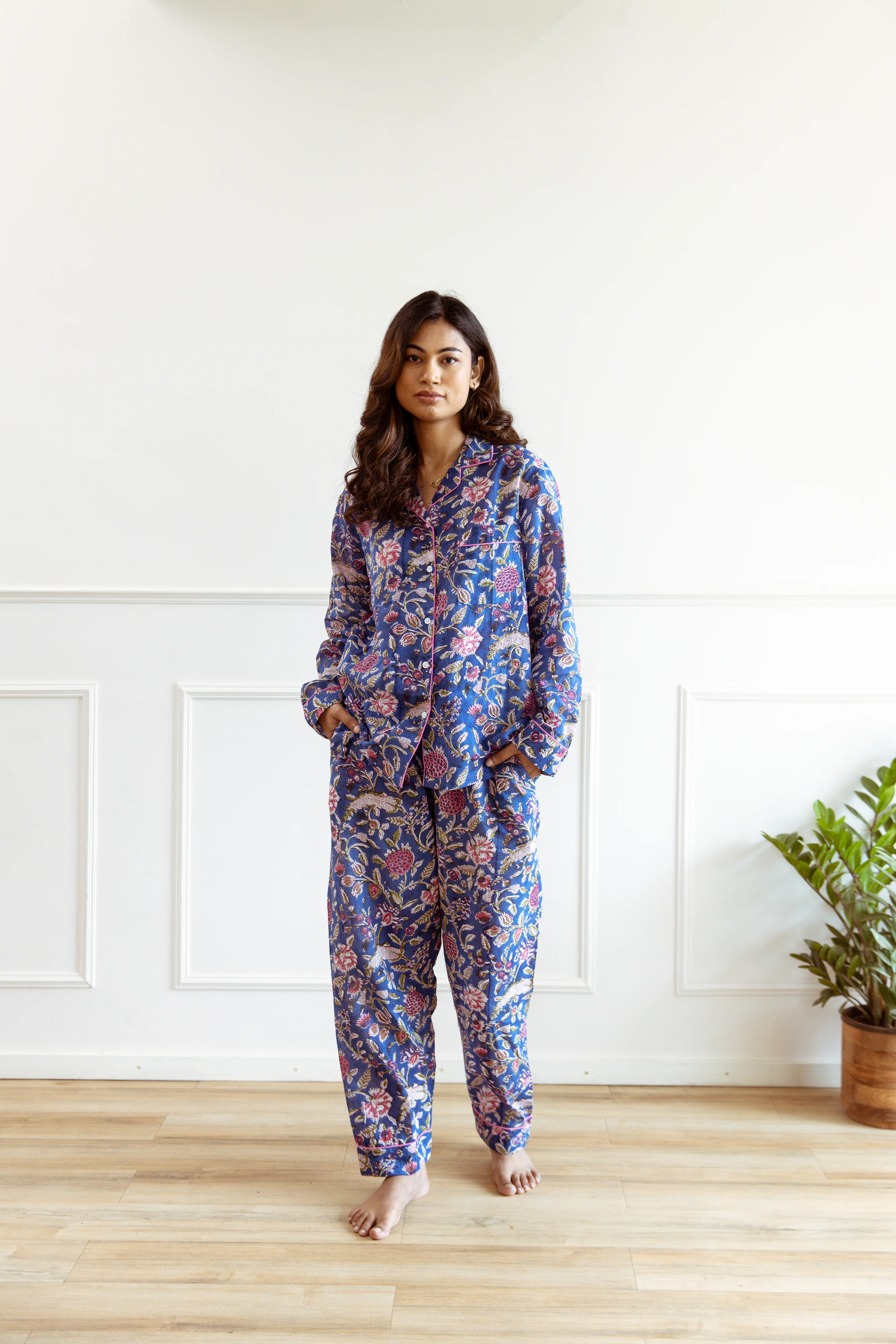 Long PJ Set - Blue & Pink Floral Print - Happy Cabbage London