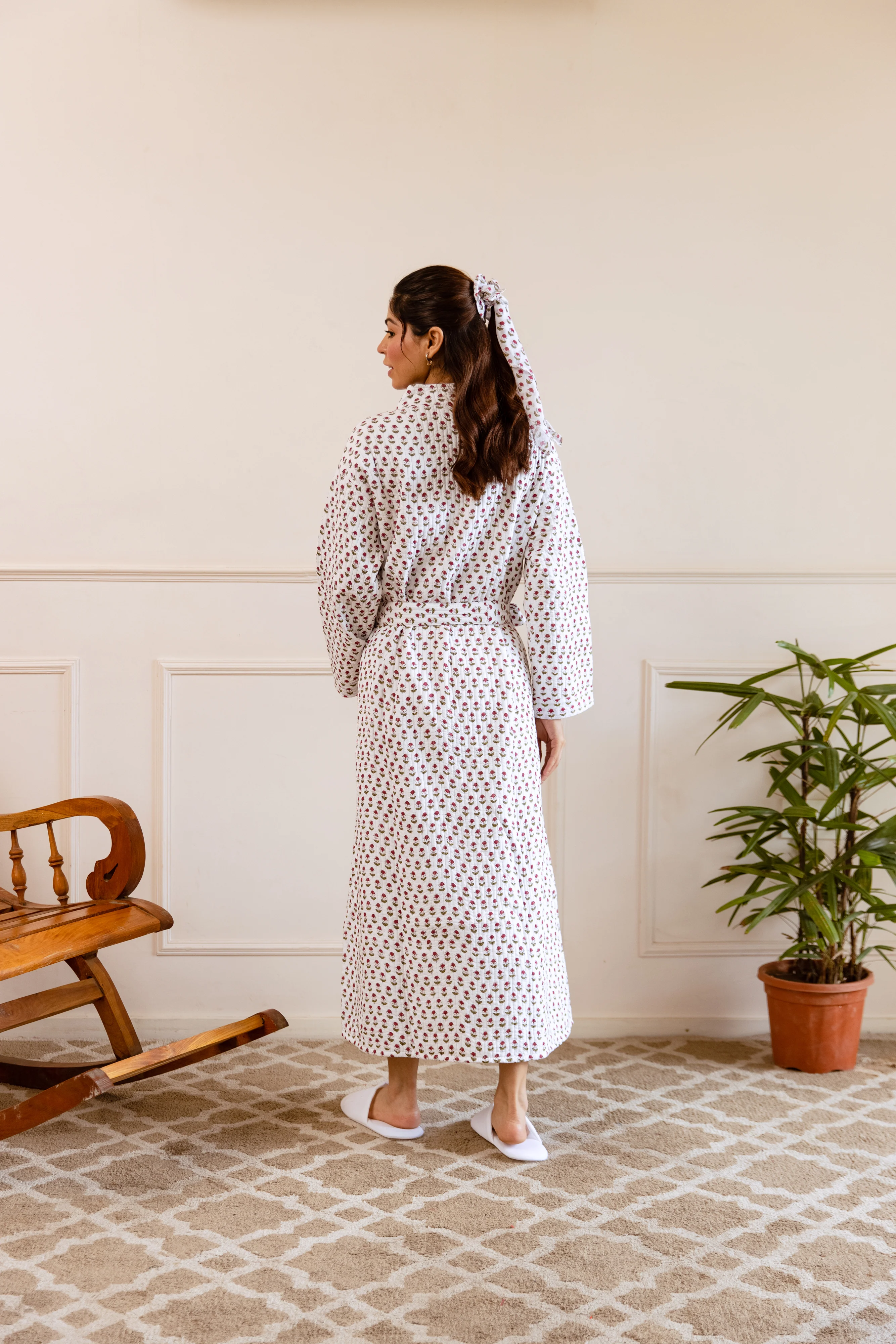 Luxury Quilted Hand Block Print Robe - Wild Rose - Happy Cabbage London