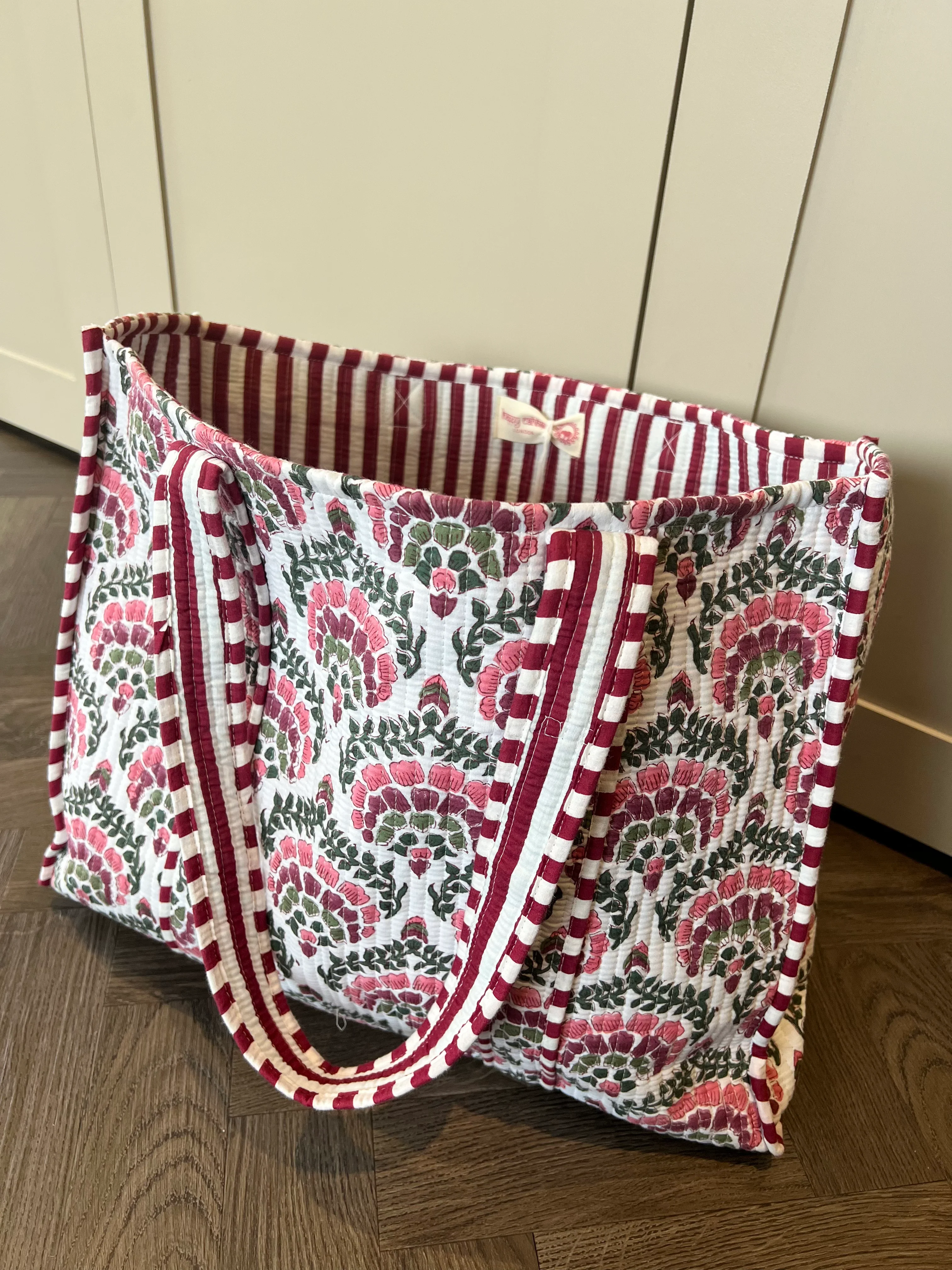 Block Print Cotton Tote Bag - Berry Pink & Green - Happy Cabbage London