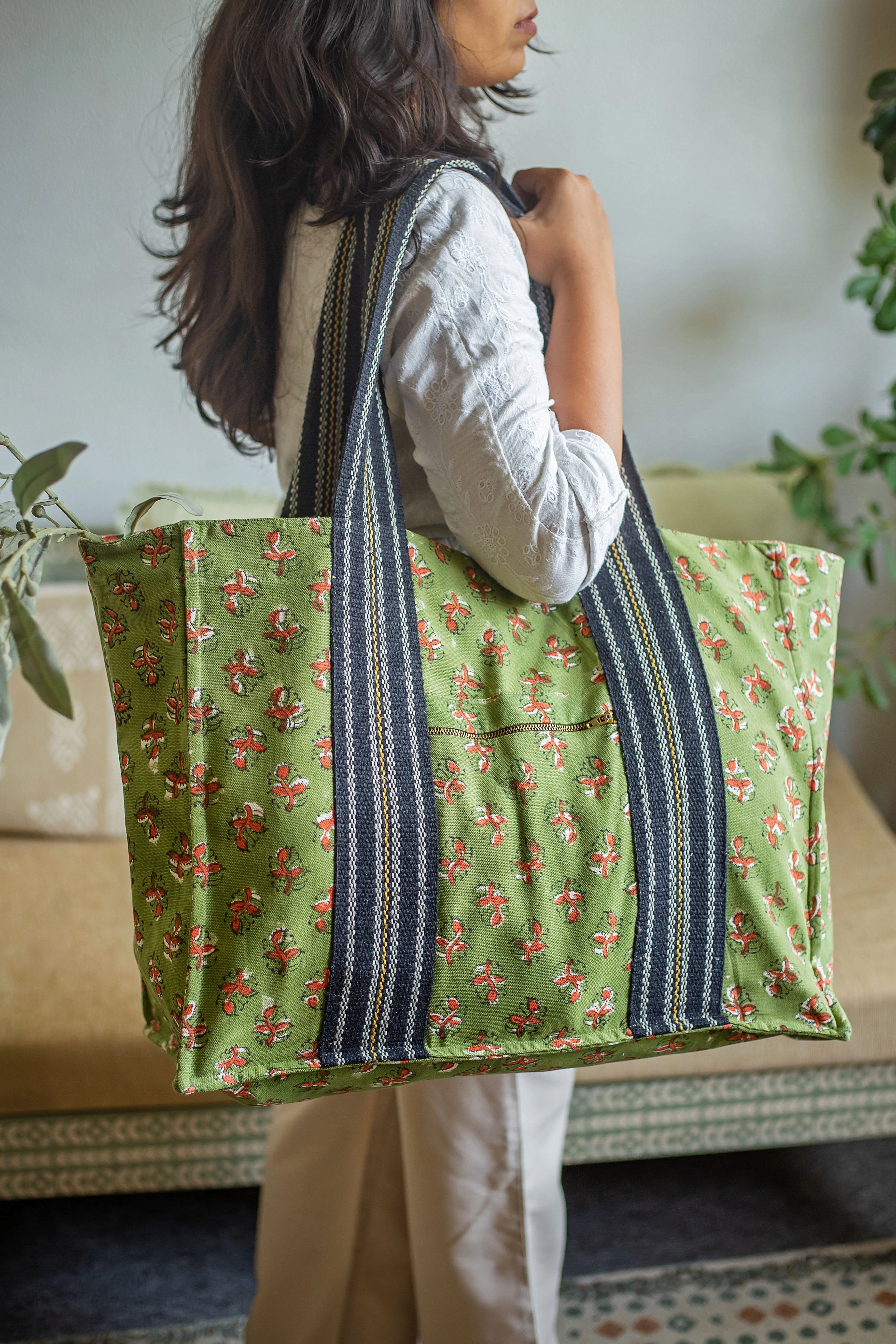 SALE Block Print Cotton Tote Bag - Olive Green - Happy Cabbage London