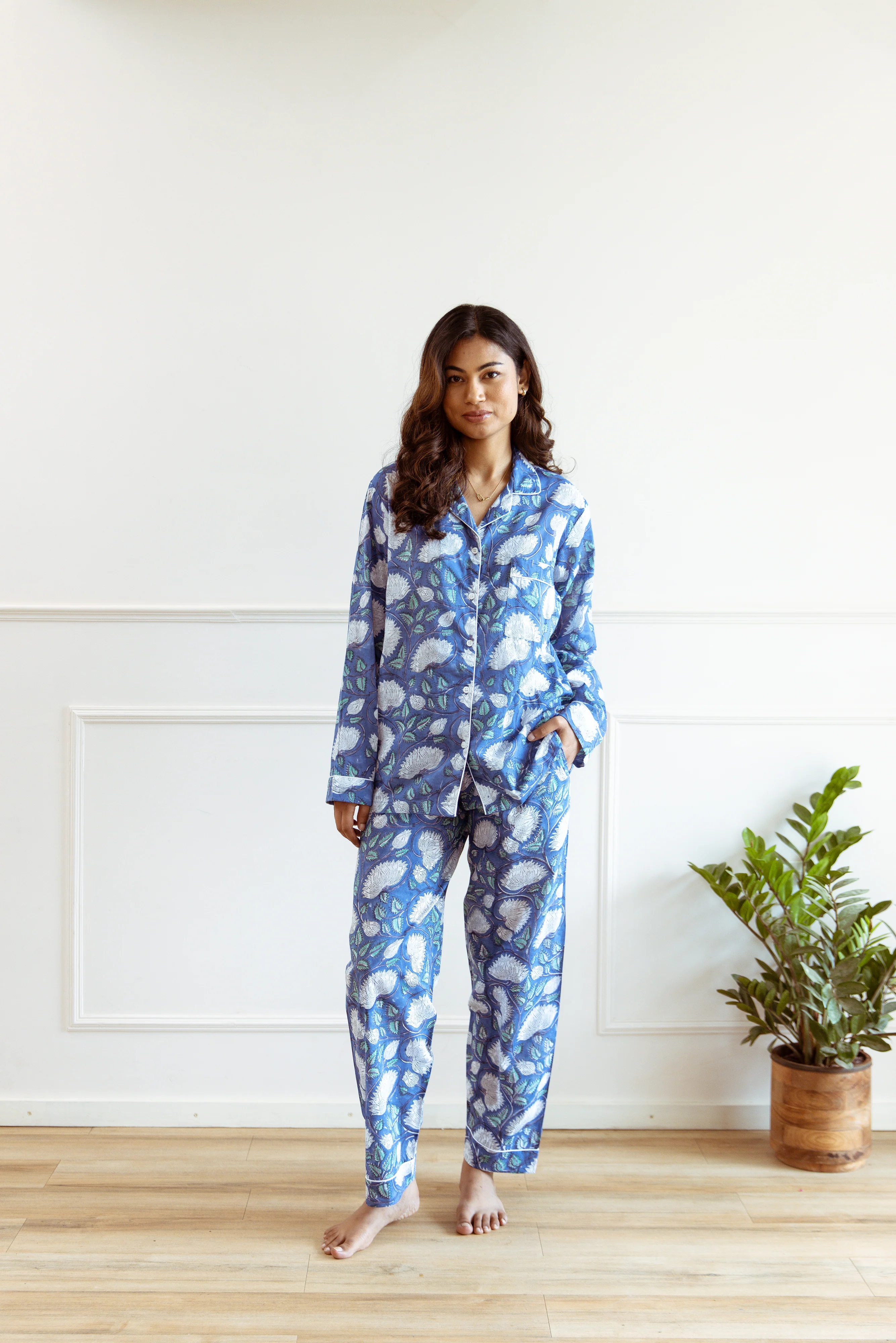Long PJ Set - Blue & White Floral Print - Happy Cabbage London