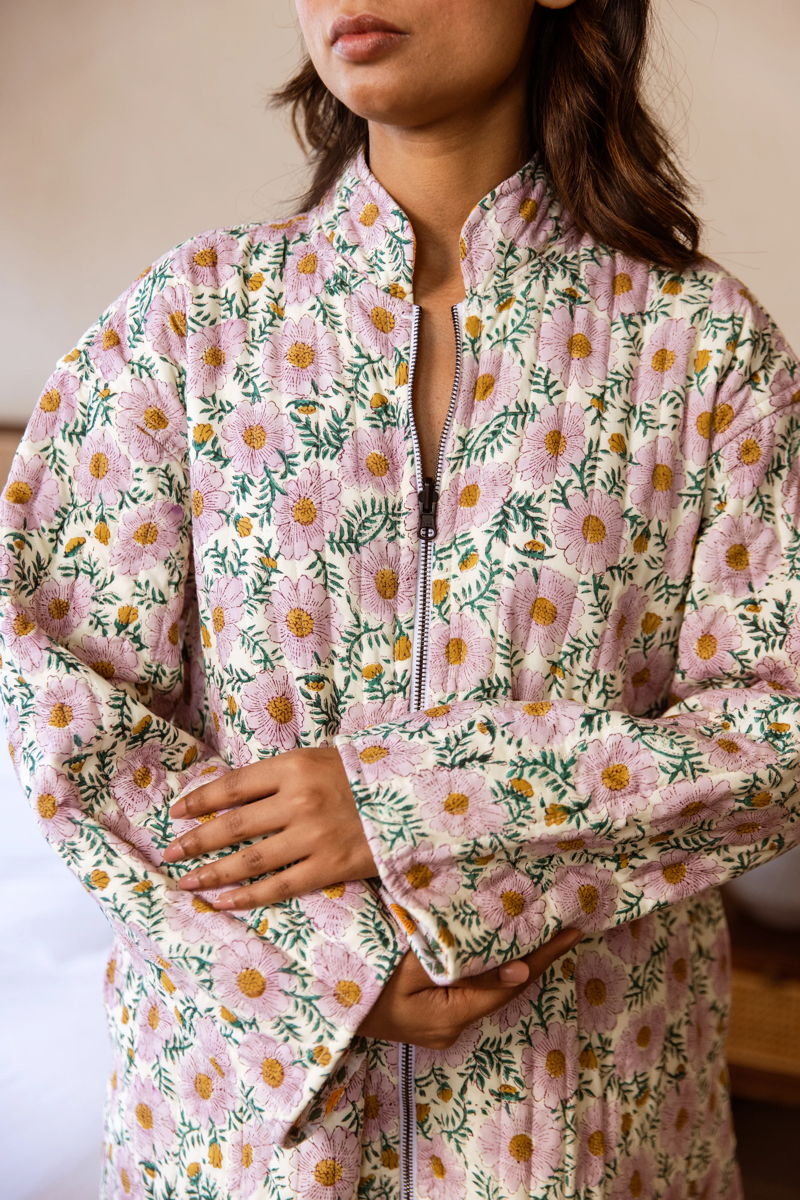 Reversible Zip Front, Luxury Quilted Robe - Daisy Block Print - Happy Cabbage London