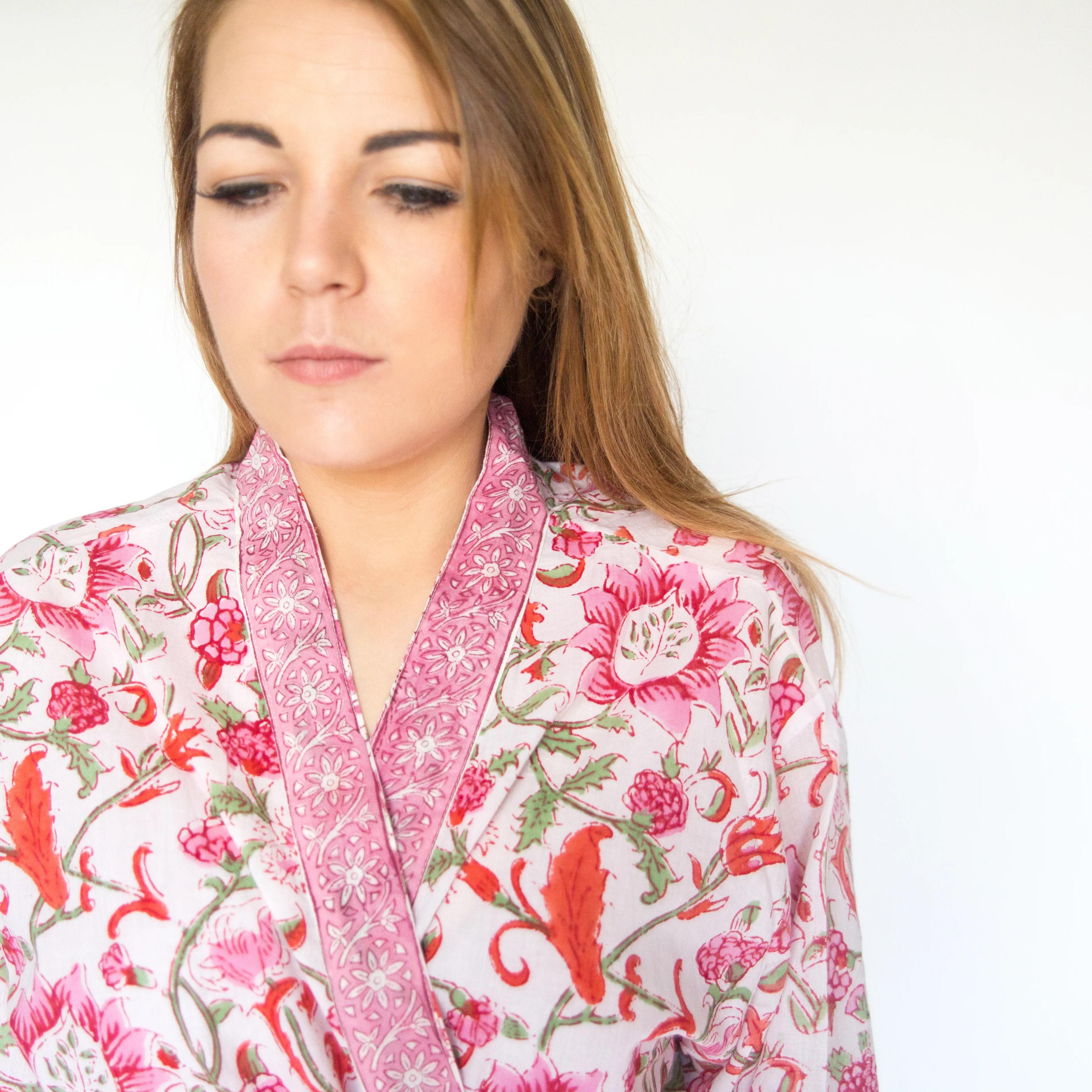 Long Cotton Robe - Pink & Orange - Happy Cabbage London