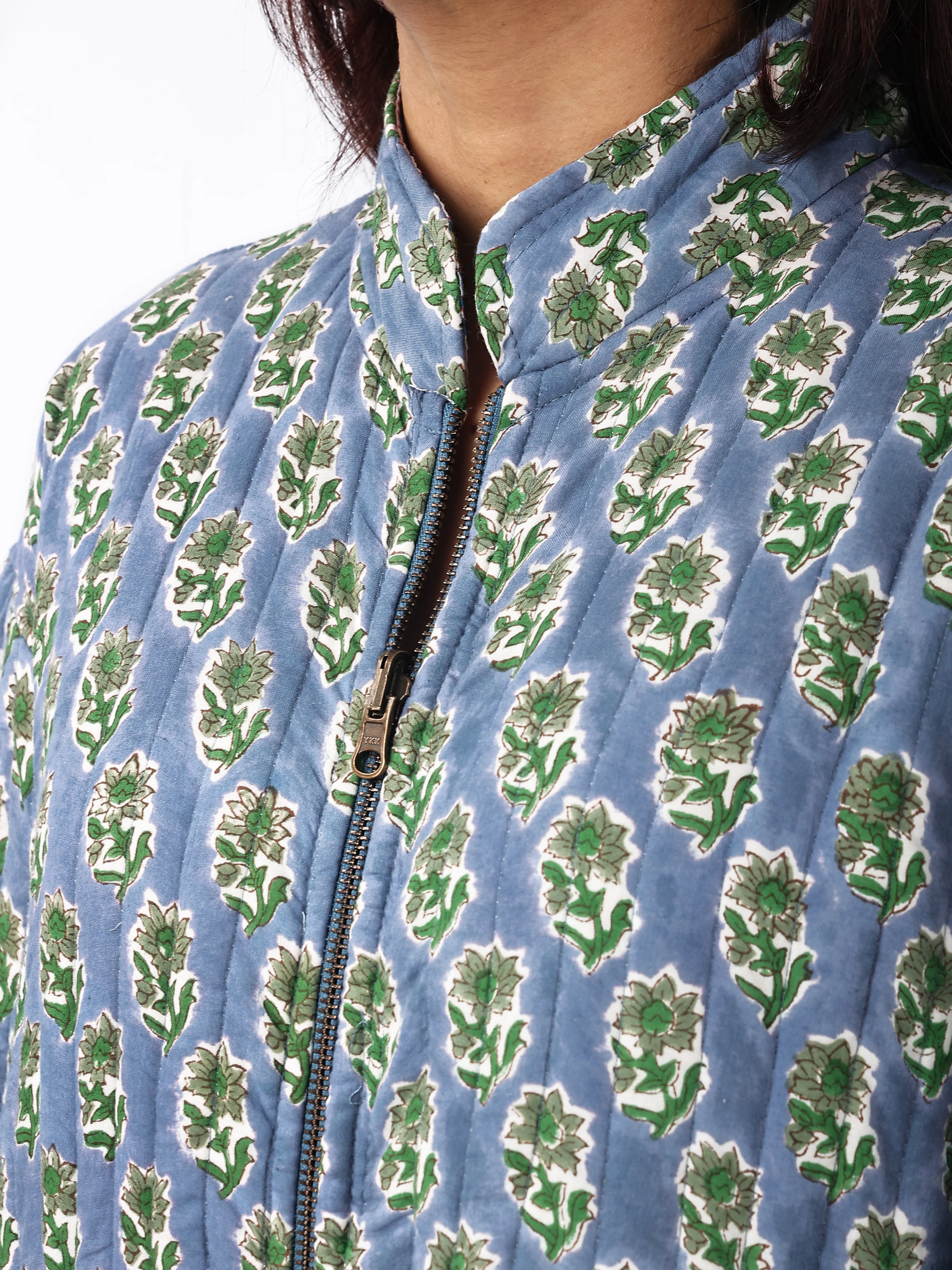 Reversible Zip Front, Luxury Quilted Hand Block Print Robe - Blue - Happy Cabbage London