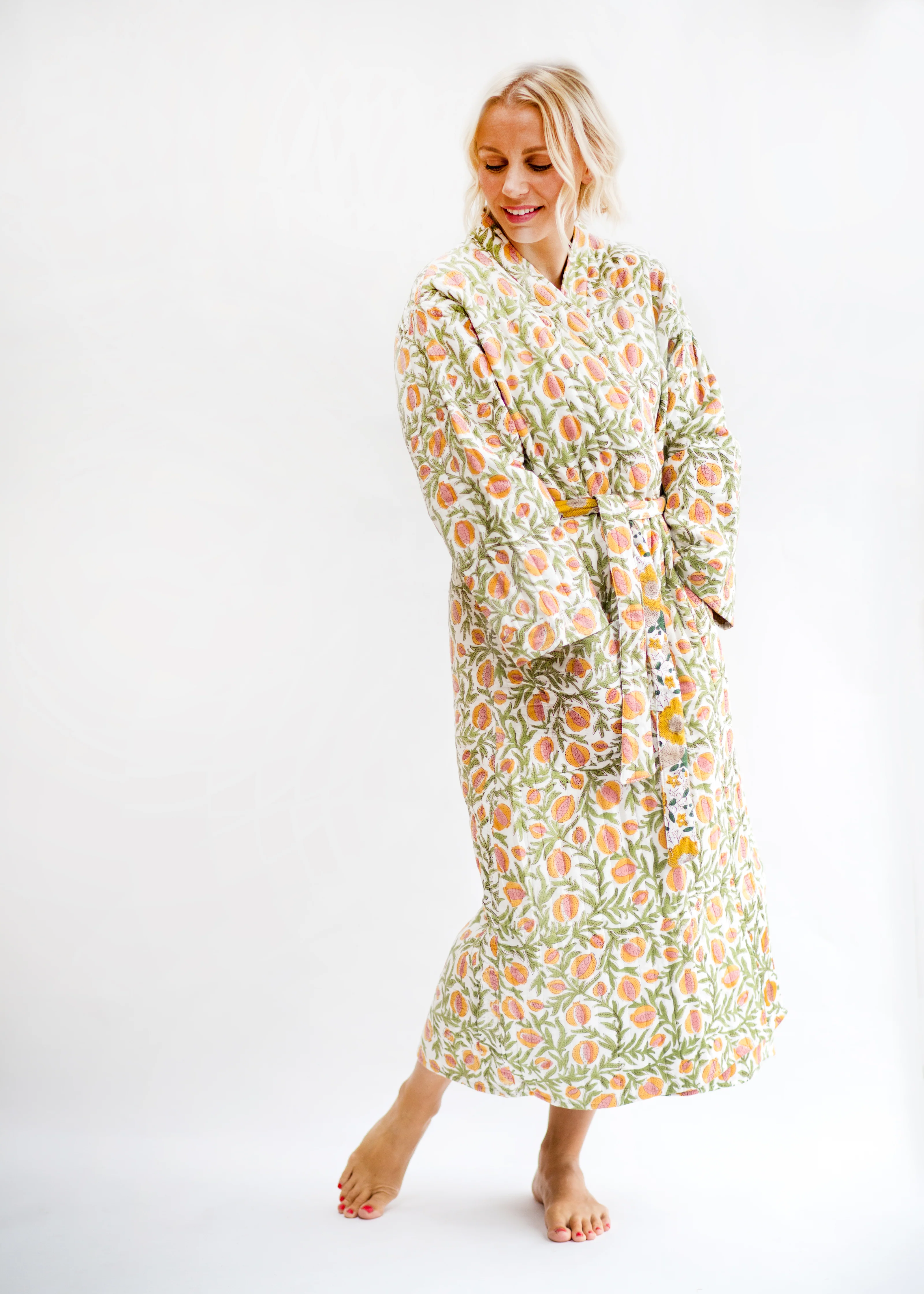 Luxury Quilted Hand Block Print Robe - Pomegranate Print - Happy Cabbage London