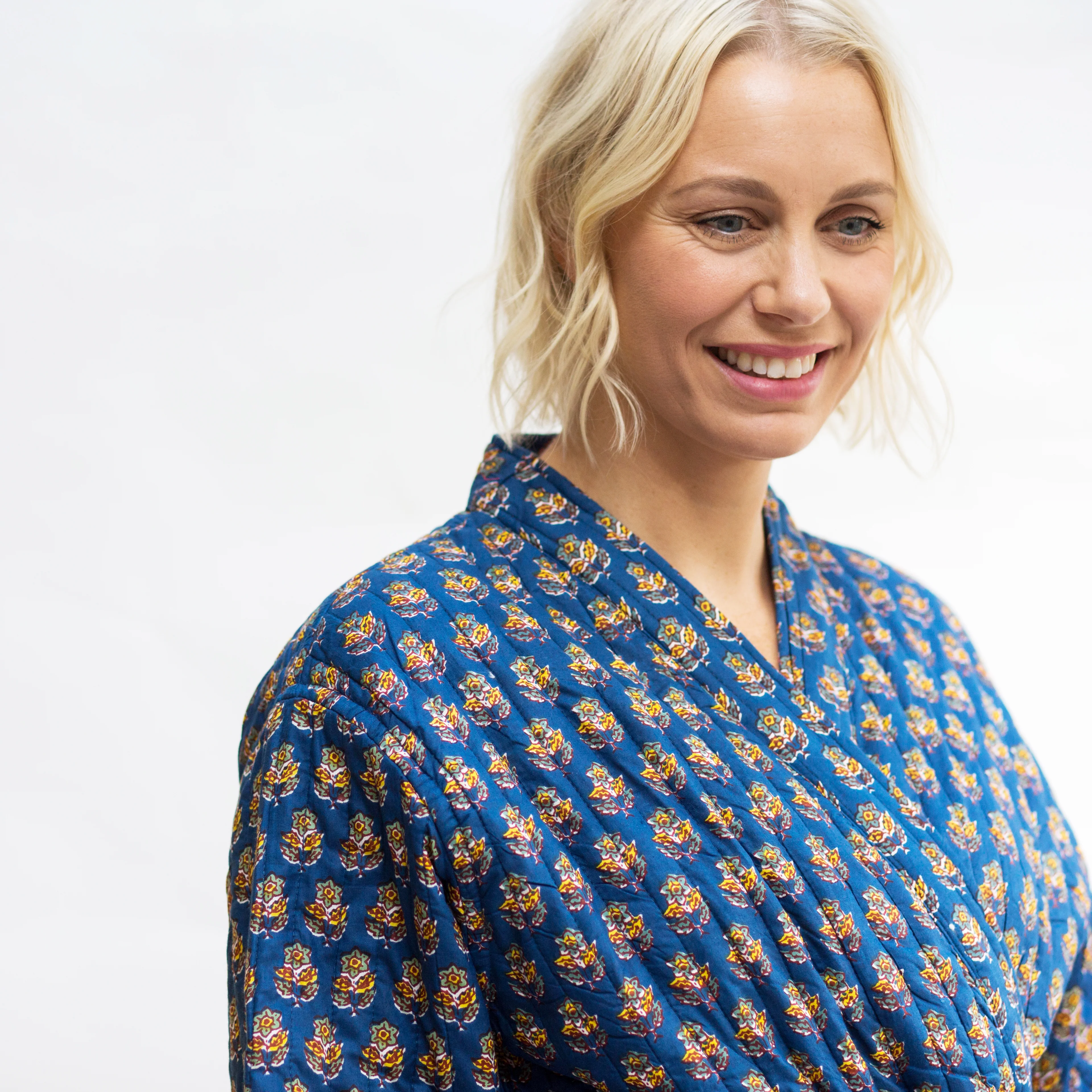 SALE Luxury Quilted Hand Block Print Robe - Dark Blue & Yellow Floral Print - Happy Cabbage London