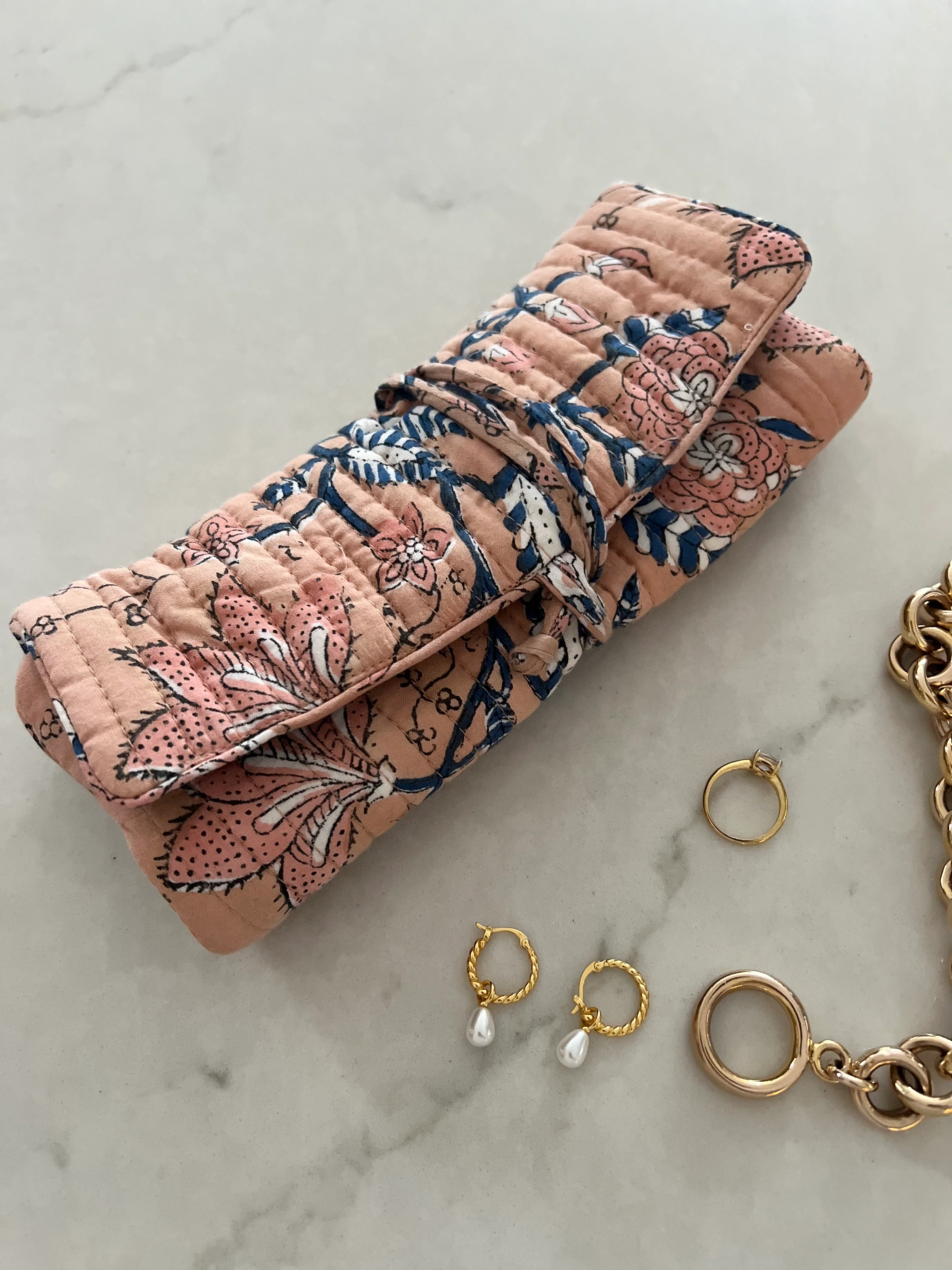 Block Print Jewellery Roll - Fawn & Navy - Happy Cabbage London