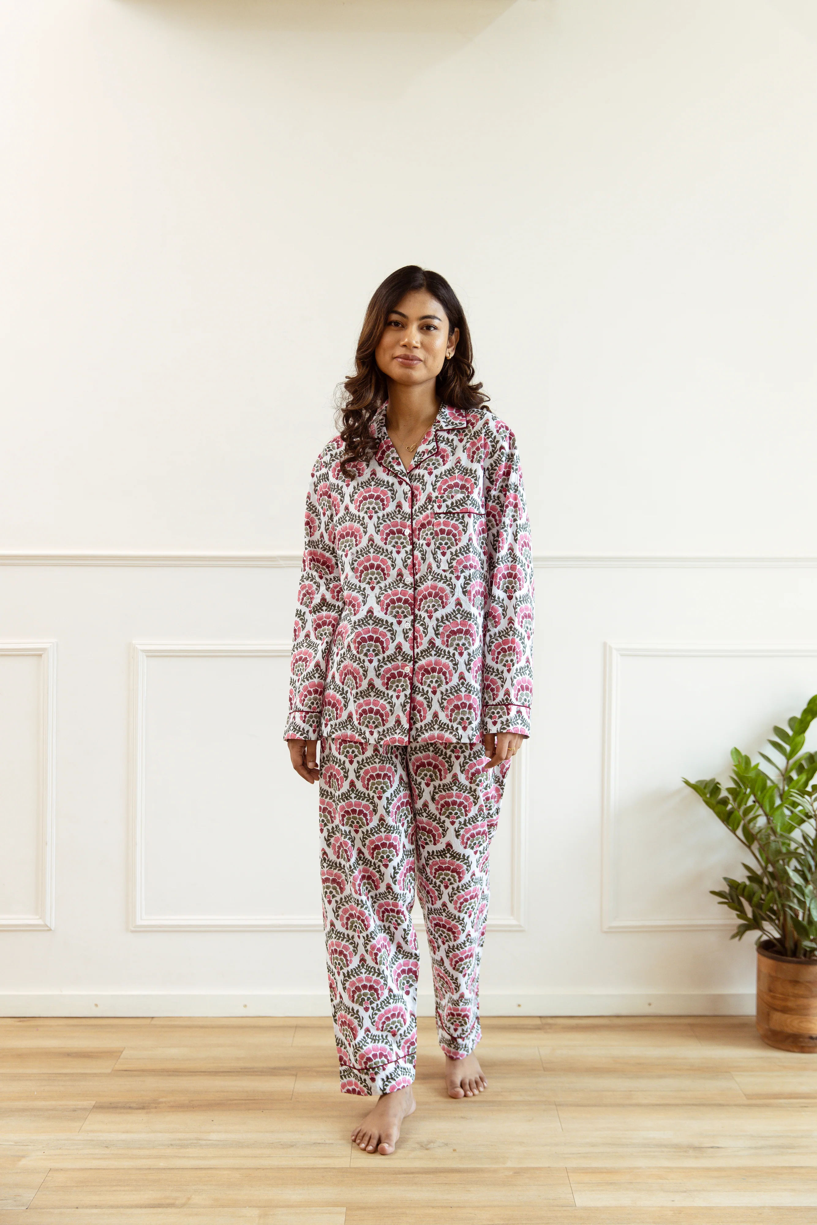 Long PJ Set - Pink & Green Fan Print - Happy Cabbage London