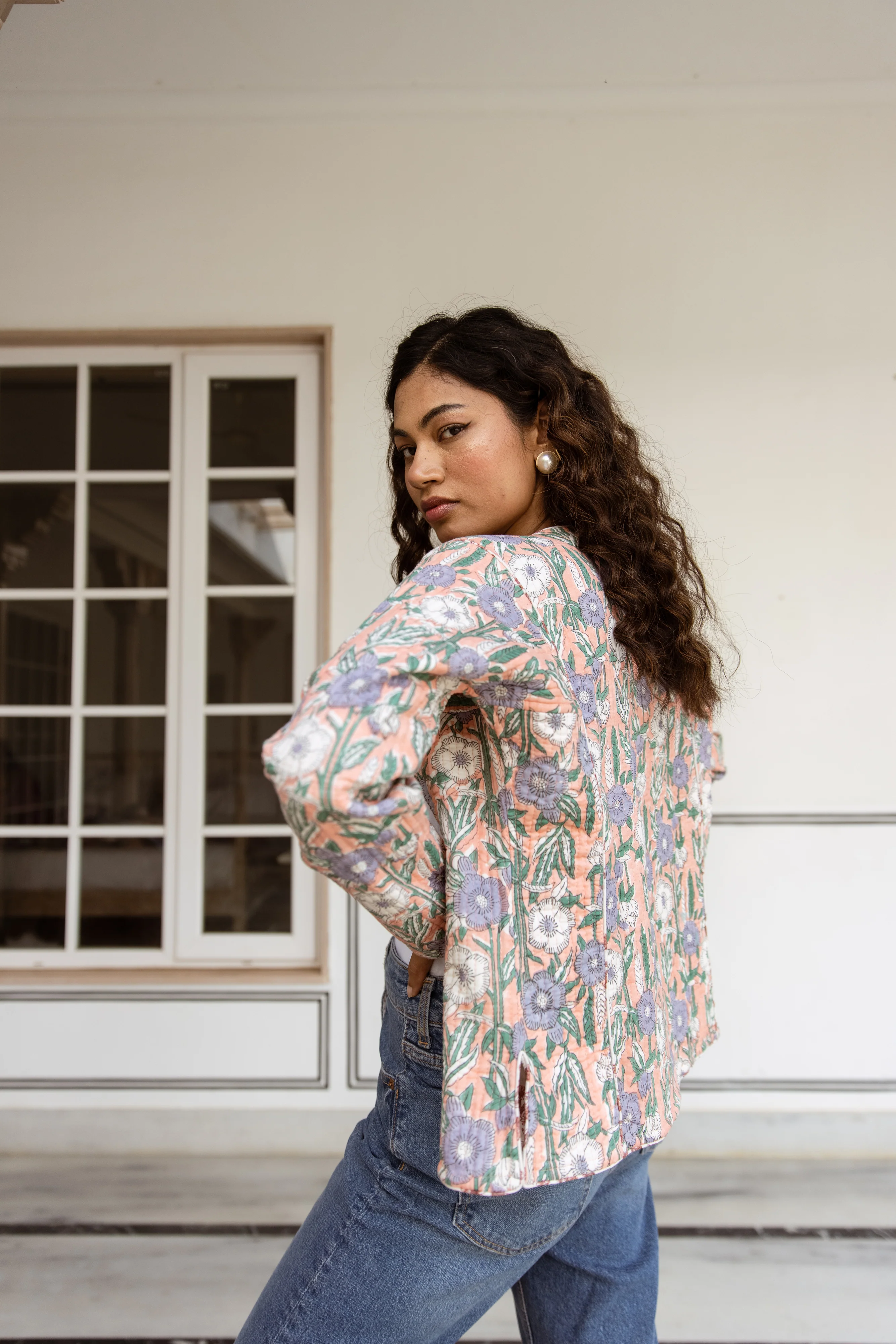 Fitted quilted jacket - Salmon Pink with Blue & Green Flowers - Happy Cabbage London