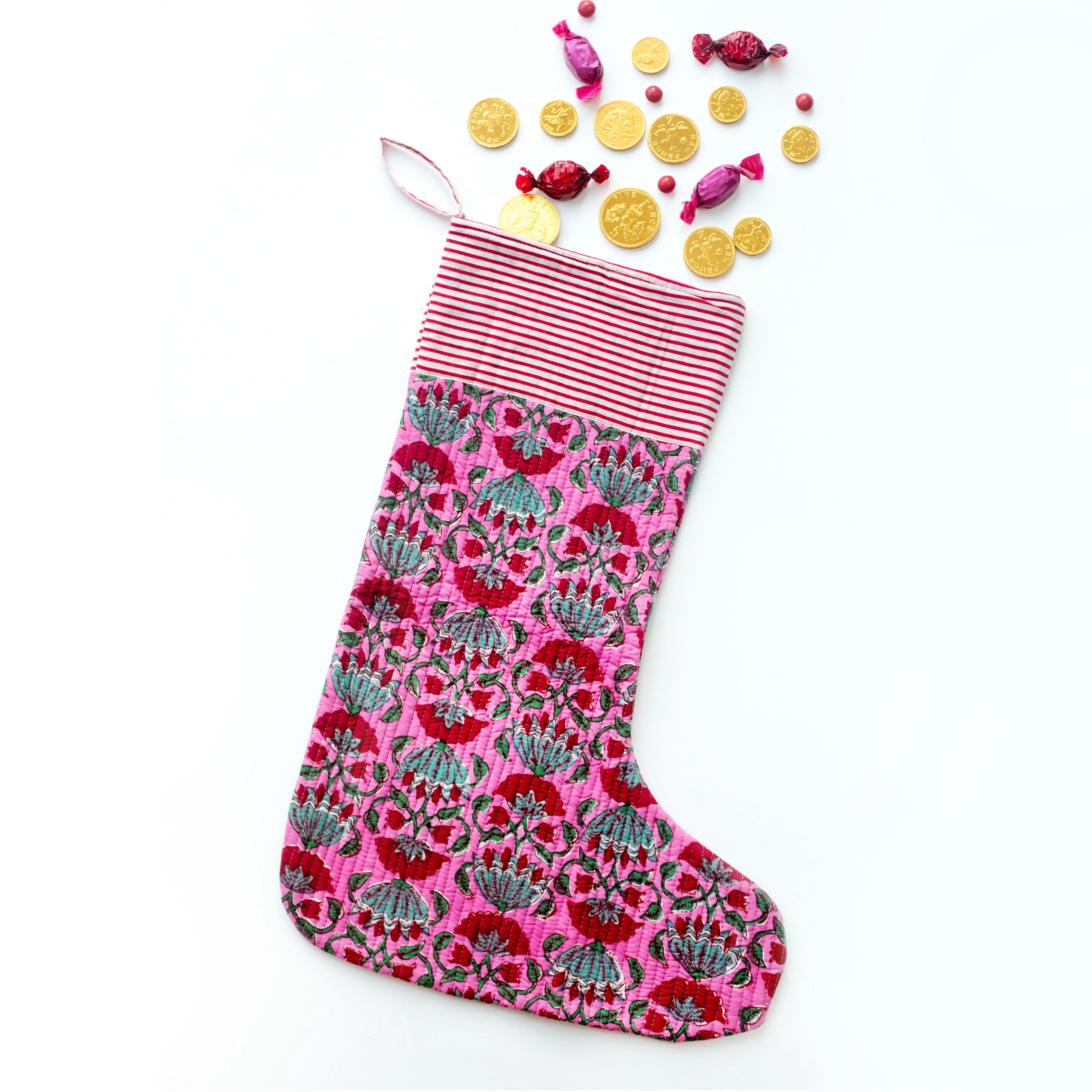Luxury Quilted Christmas Stocking - Pink & Red - Happy Cabbage London