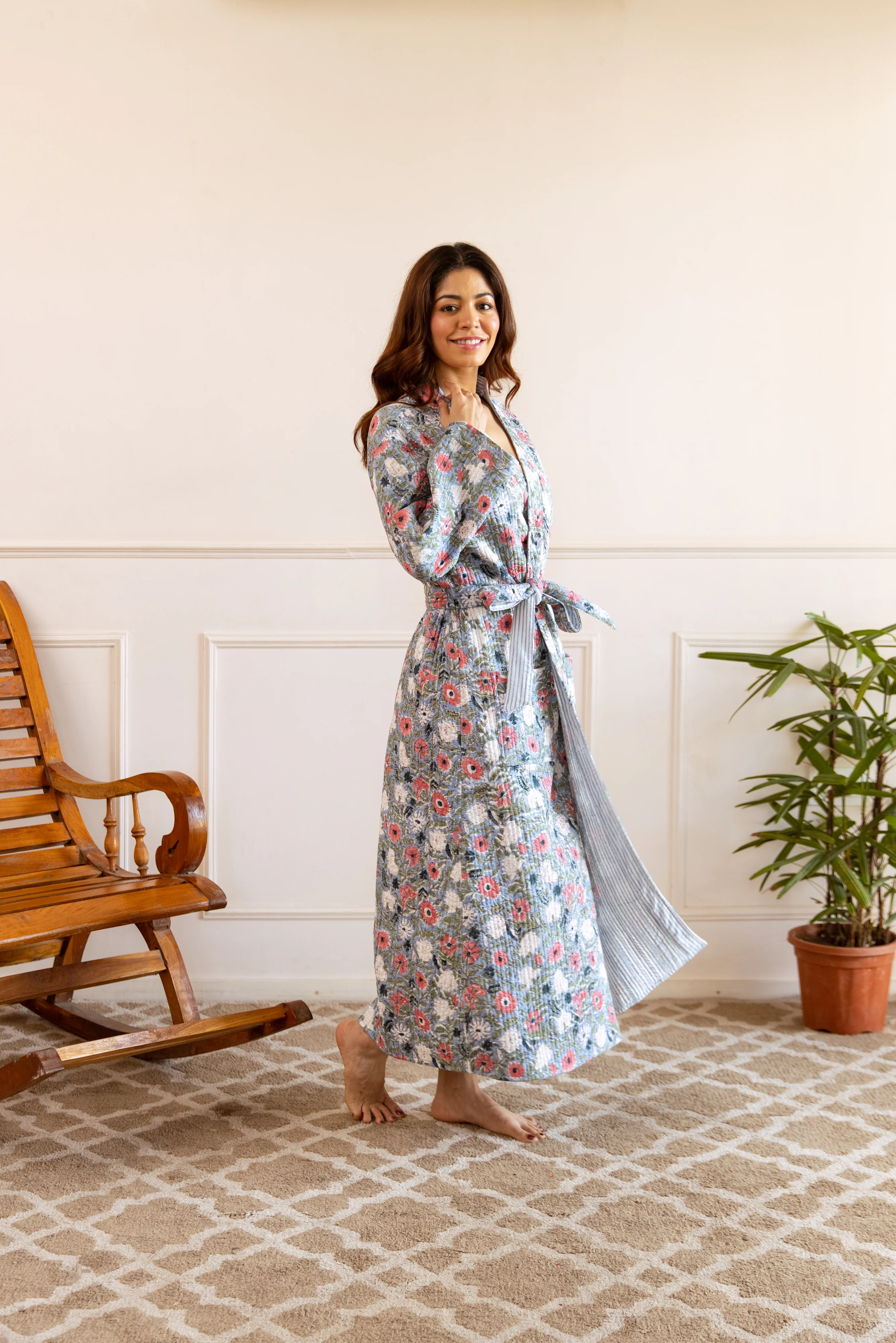 Luxury Quilted Hand Block Print Robe - Meadow Bloom - Happy Cabbage London