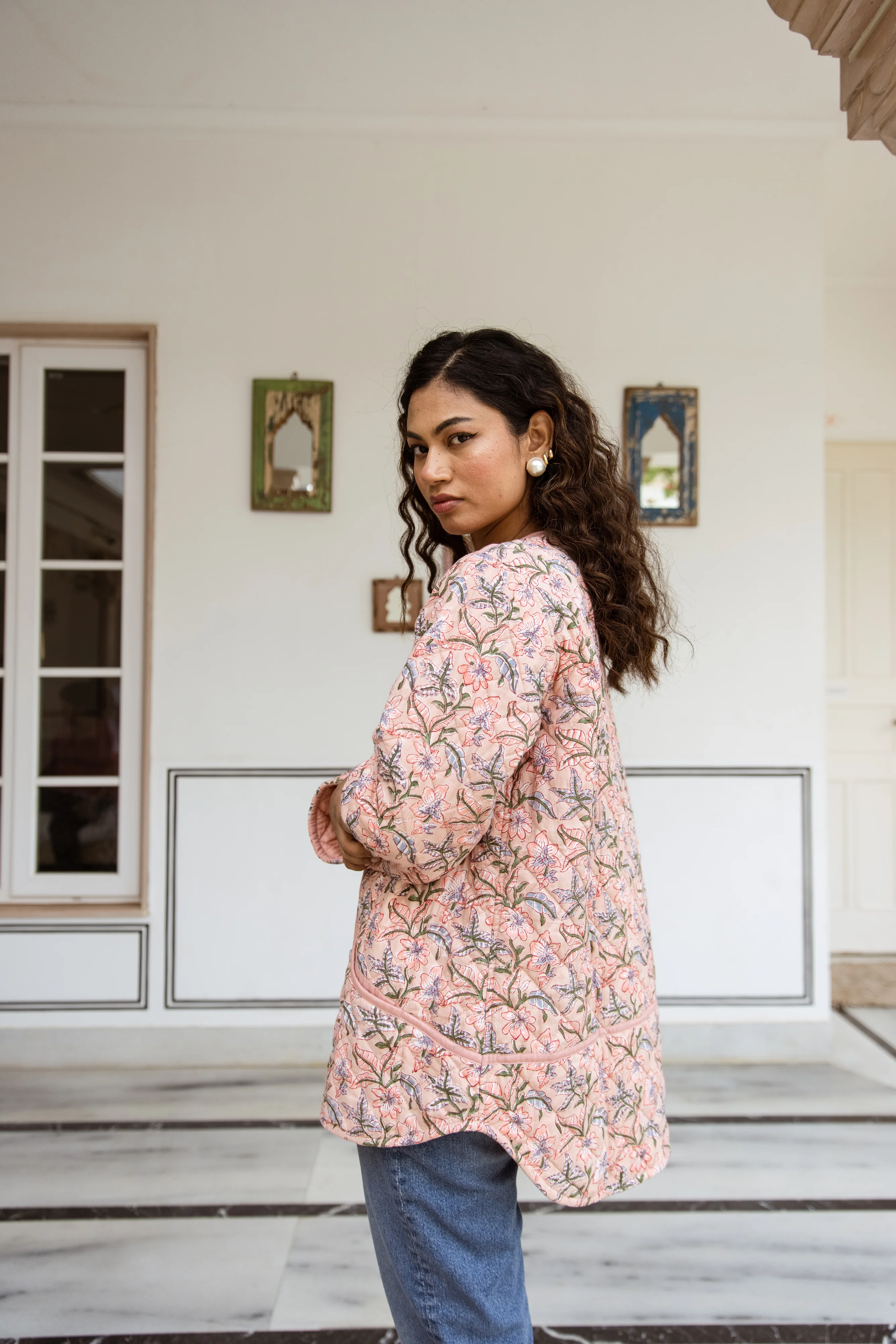 SALE Block Print Quilted Jacket - Soft Coral - Happy Cabbage London