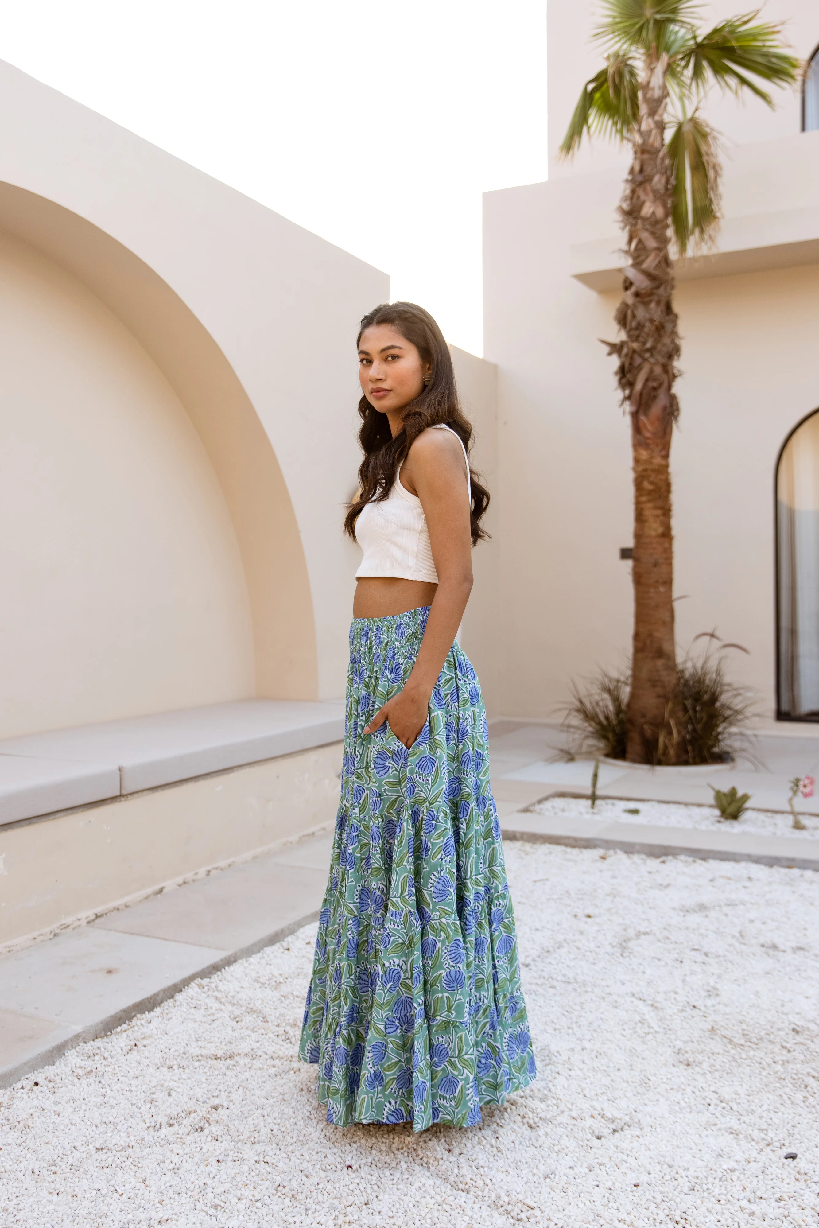 The Pia Skirt - Blue & Green Floral Print - Happy Cabbage London