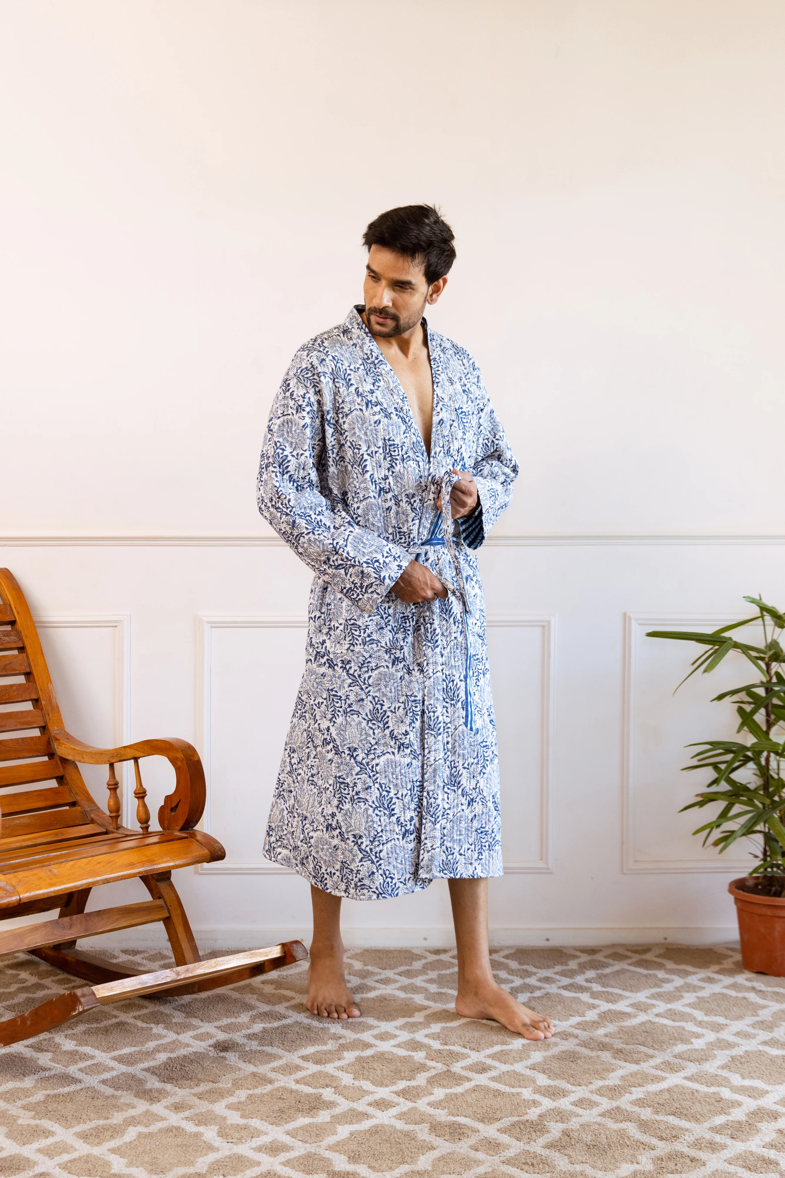Men's Luxury Quilted Hand Block Print Robe - Indigo Garden - Happy Cabbage London