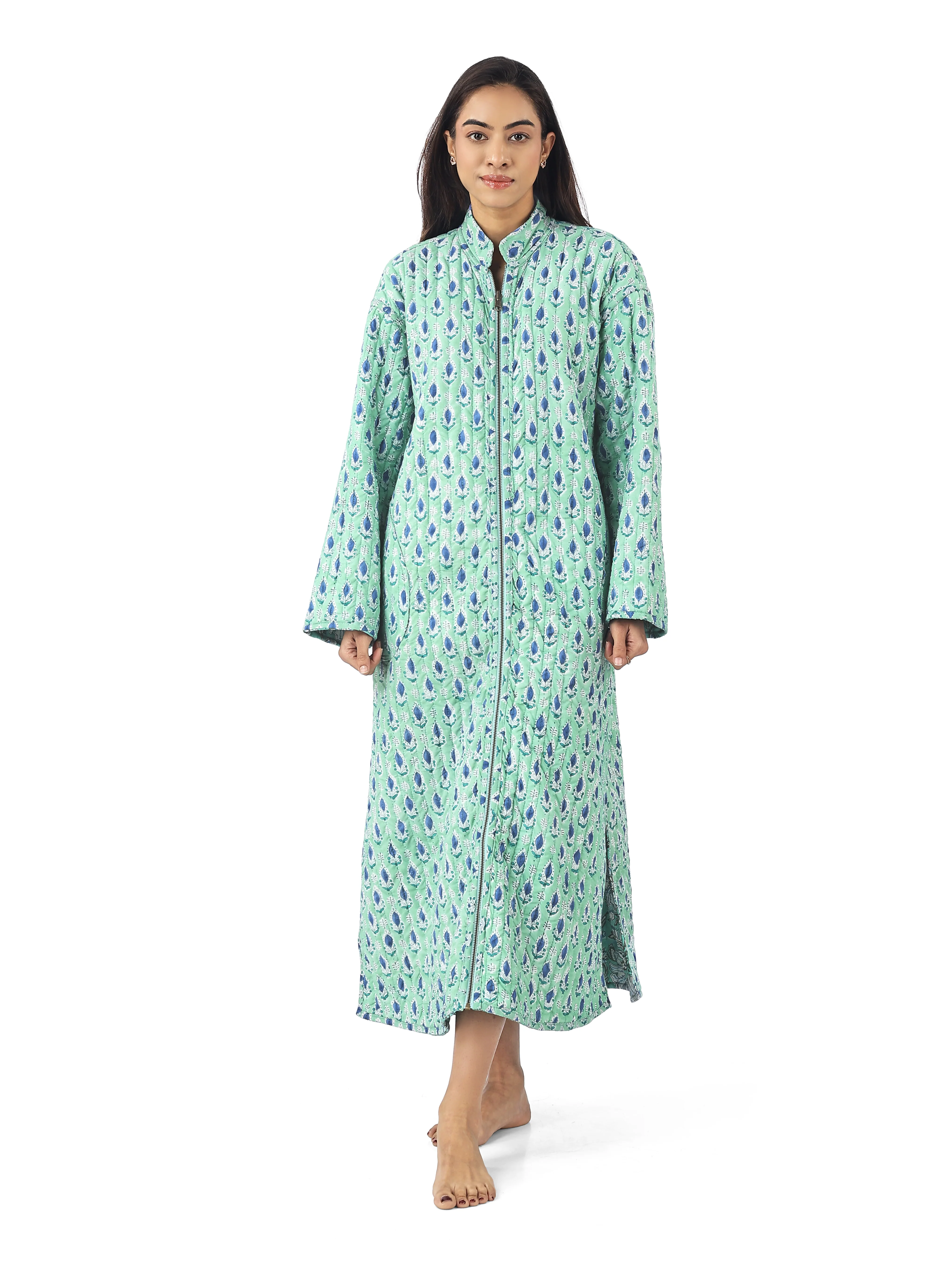 Reversible Zip Front, Luxury Quilted Hand Block Print Robe - Green - Happy Cabbage London