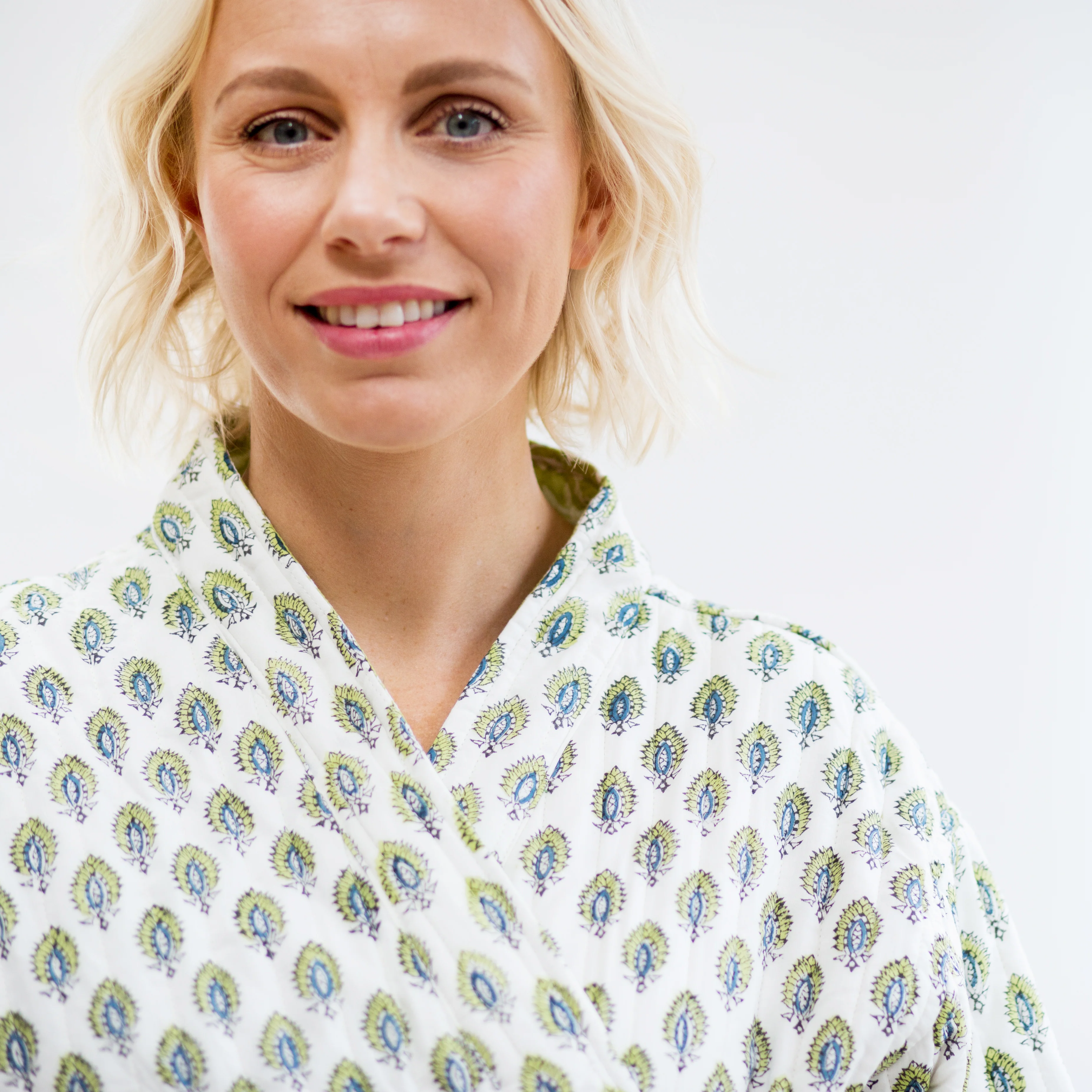 SALE Luxury Quilted Hand Block Print Robe - Green & Blue Print - Happy Cabbage London