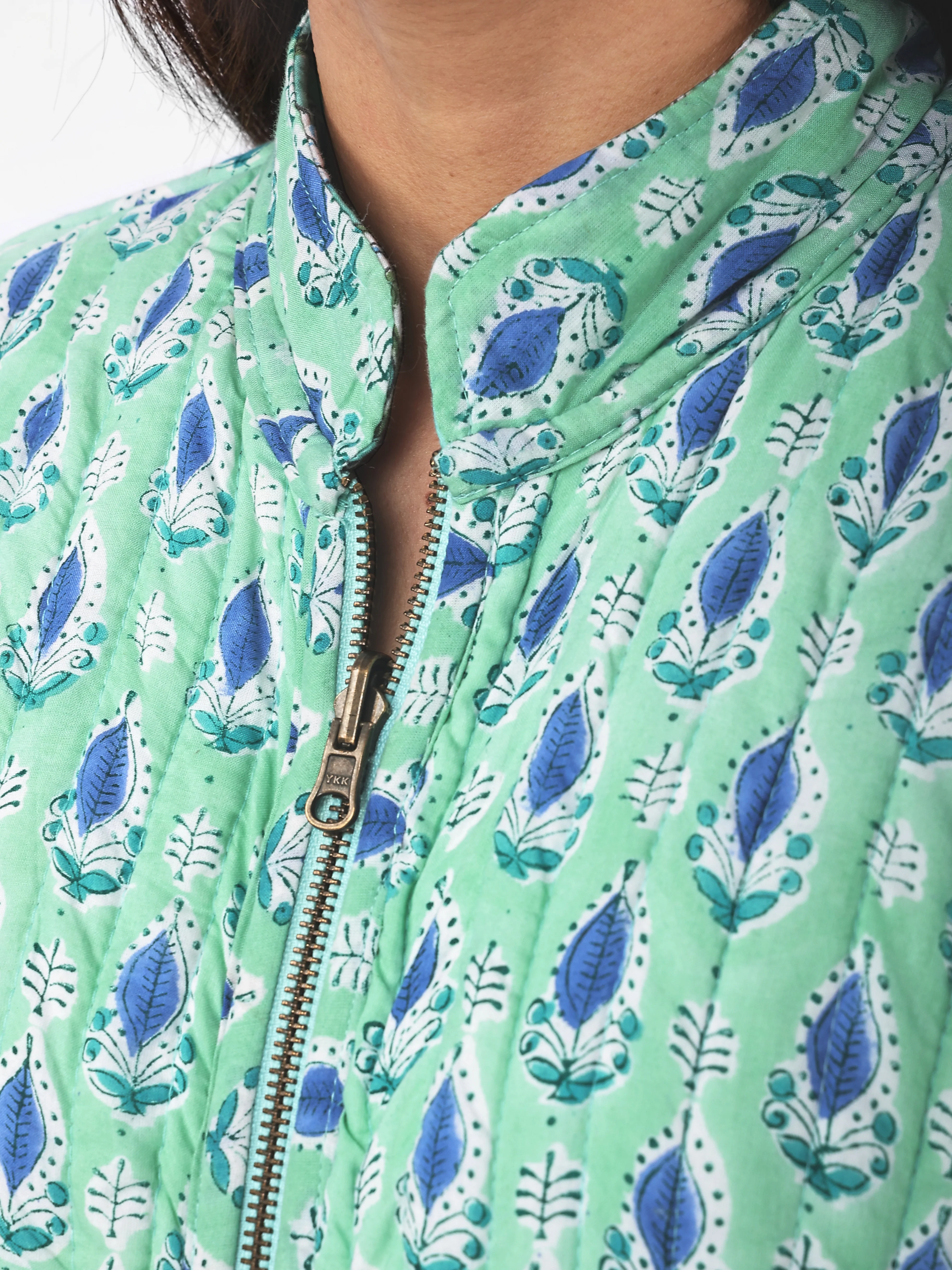 Reversible Zip Front, Luxury Quilted Hand Block Print Robe - Green - Happy Cabbage London