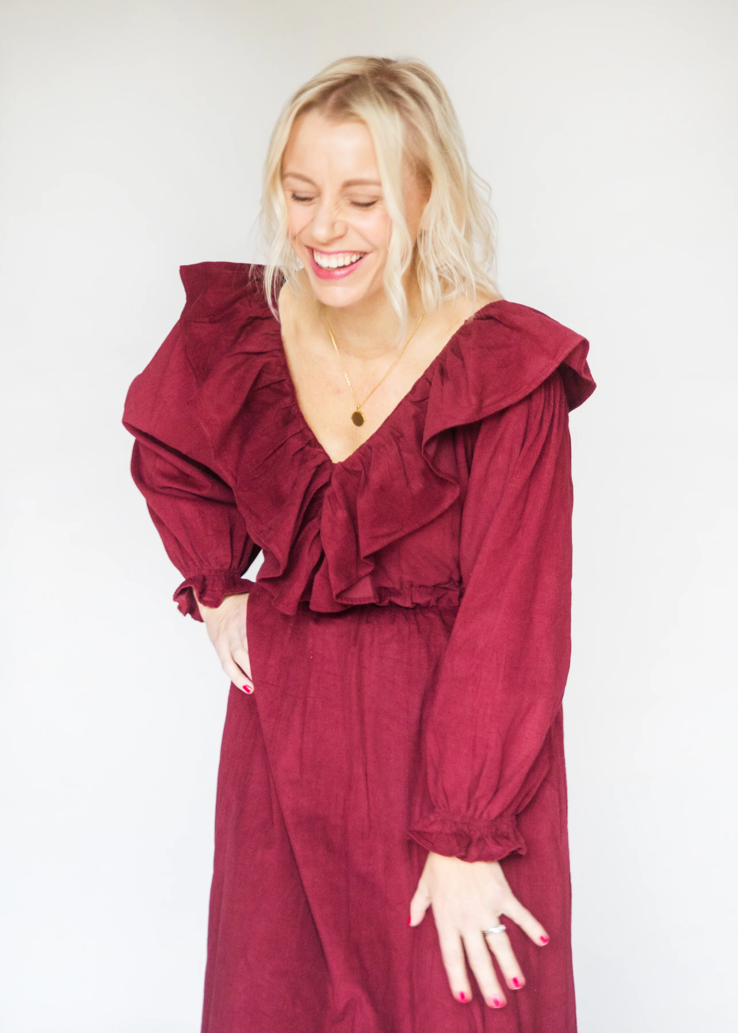 SALE The Claudia, Berry Pink Corduroy Dress with Block Print Lining - Happy Cabbage London