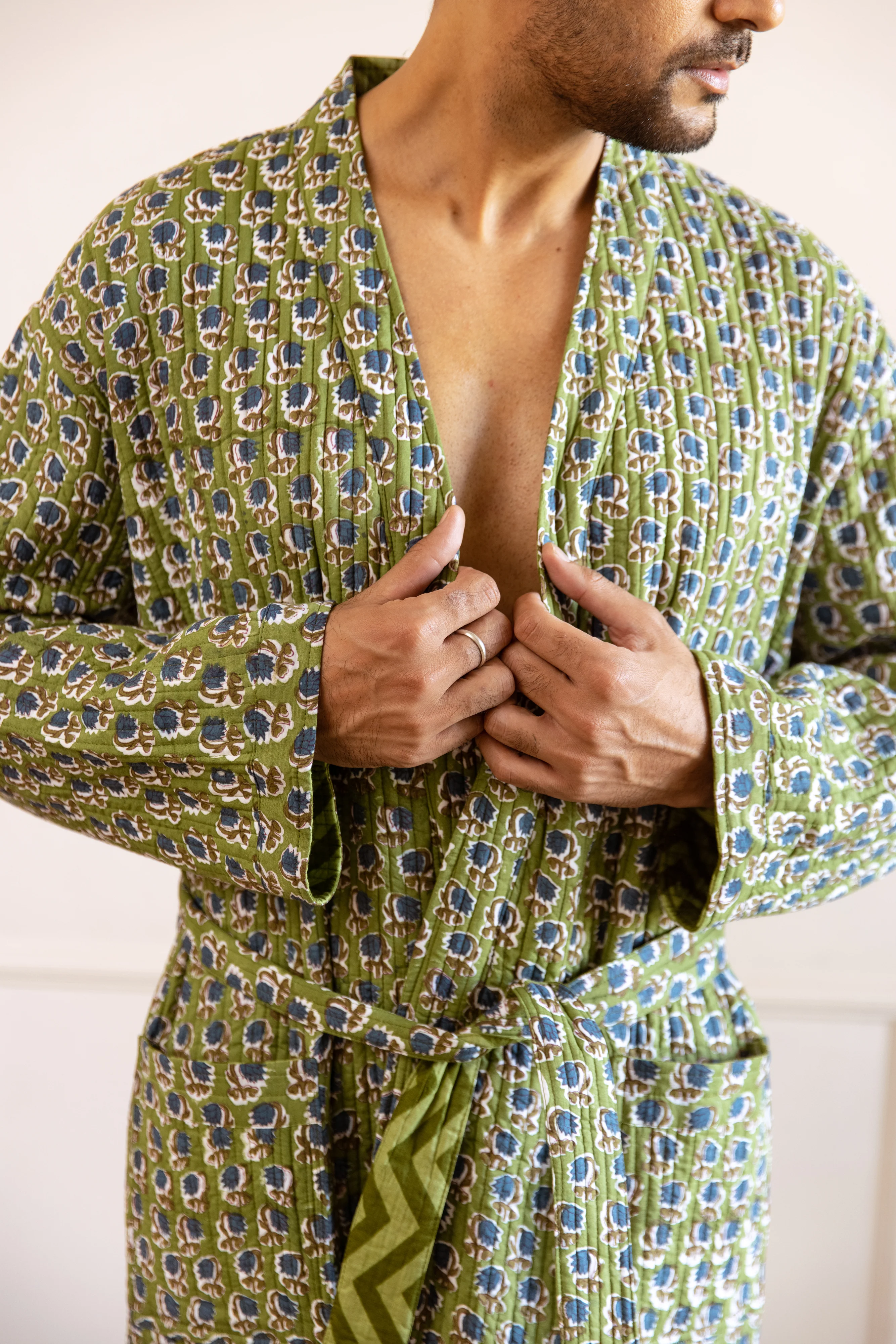 Men's Luxury Quilted Hand Block Print Robe - Olive & Indigo - Happy Cabbage London