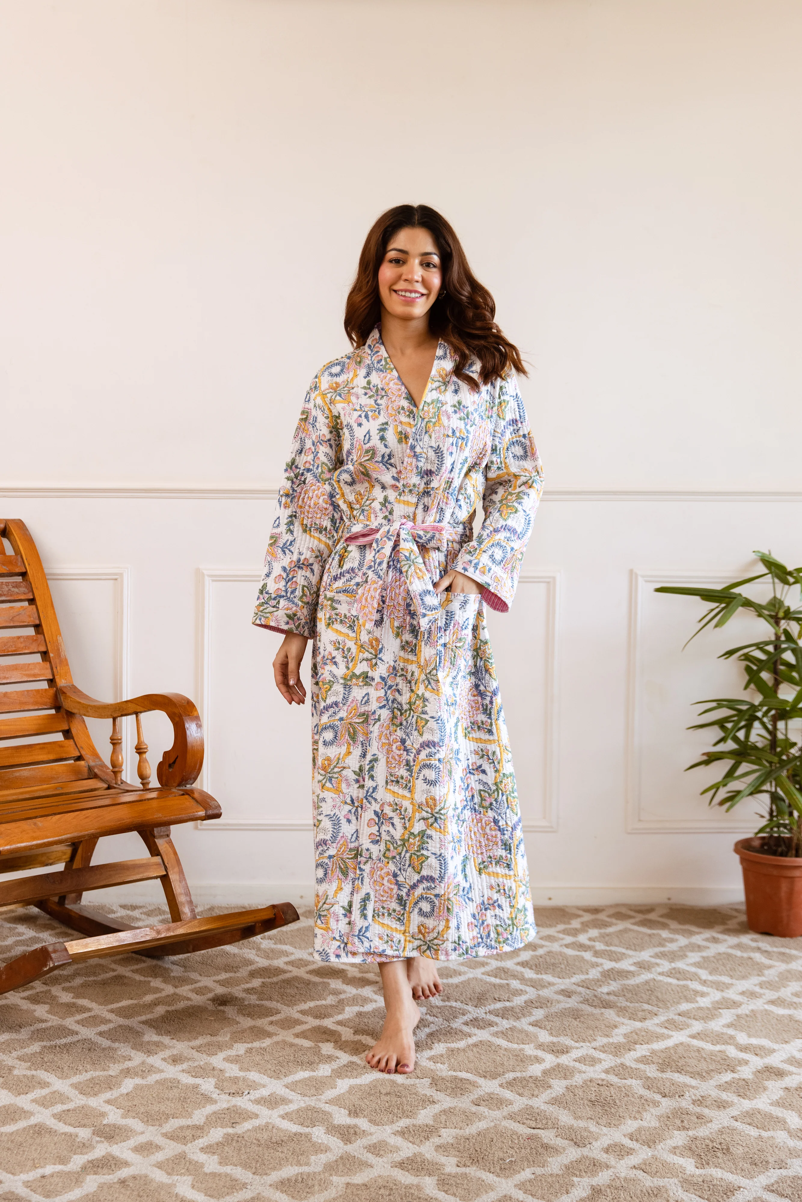 Luxury Quilted Hand Block Print Robe - Candy Pink Garden - Happy Cabbage London