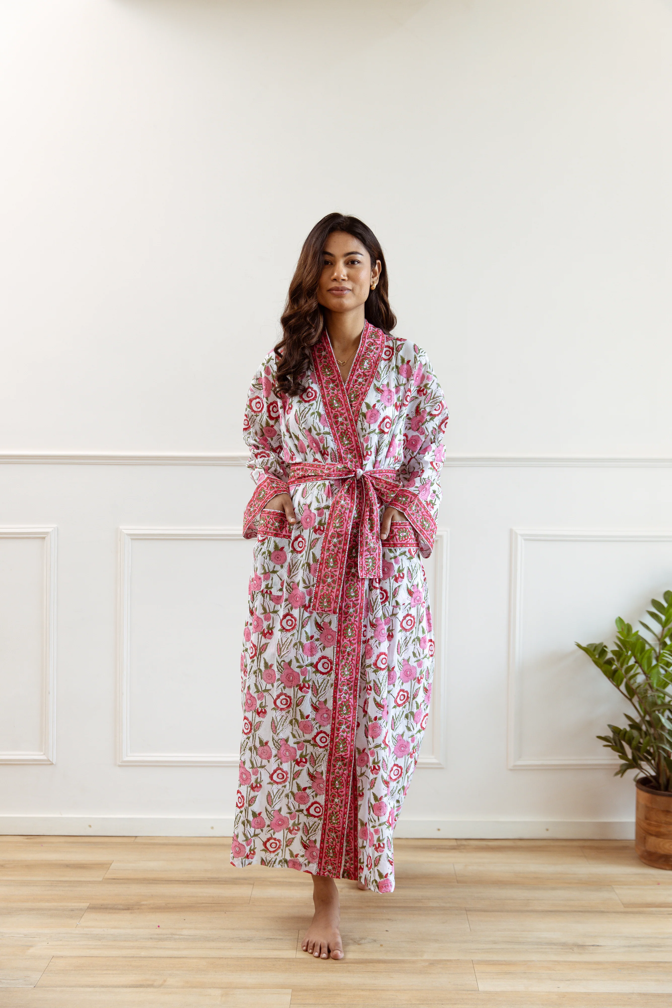 Long Cotton Robe - Cerise Floral Print - Happy Cabbage London