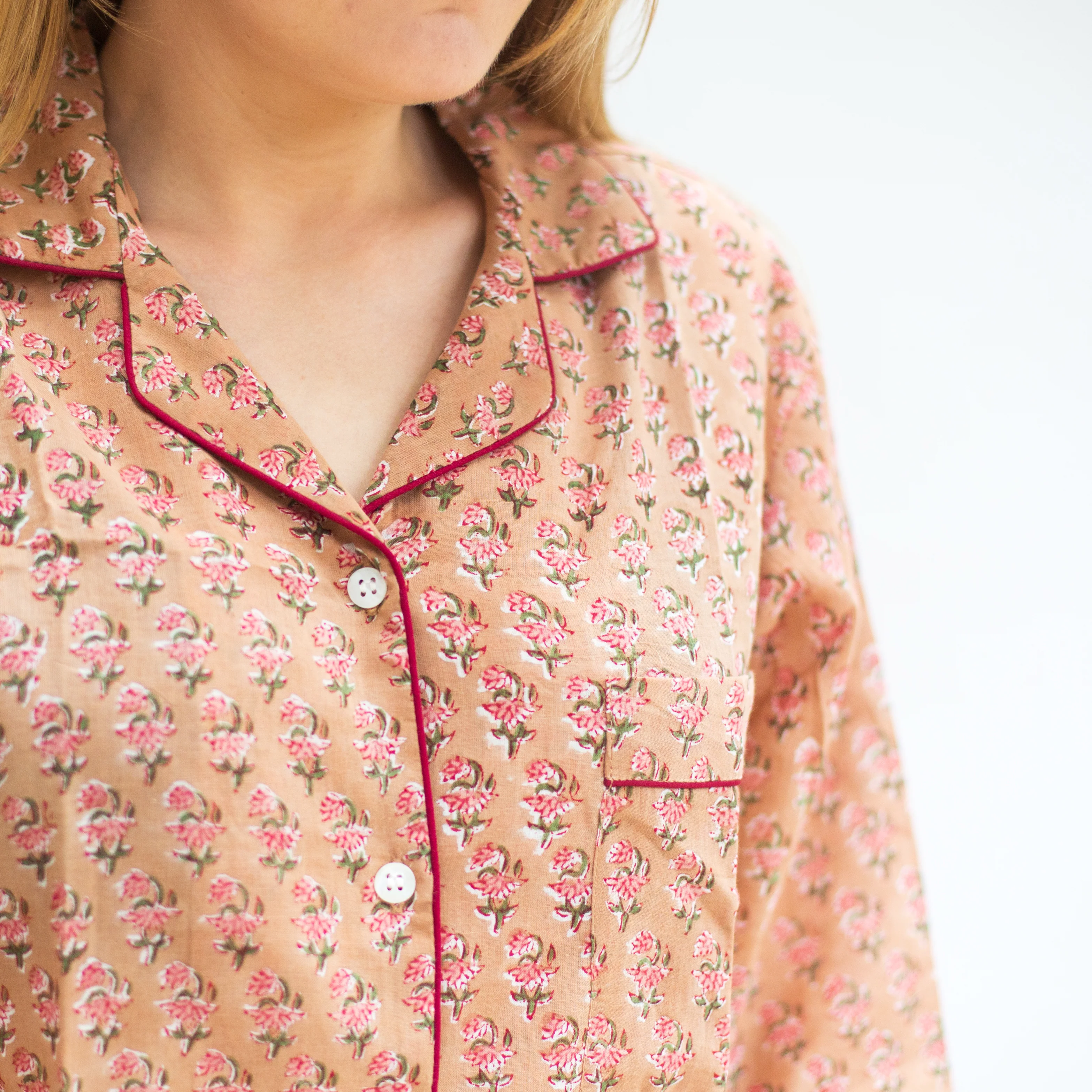 Long PJ Set in Fawn Floral Block Print Design - Happy Cabbage London