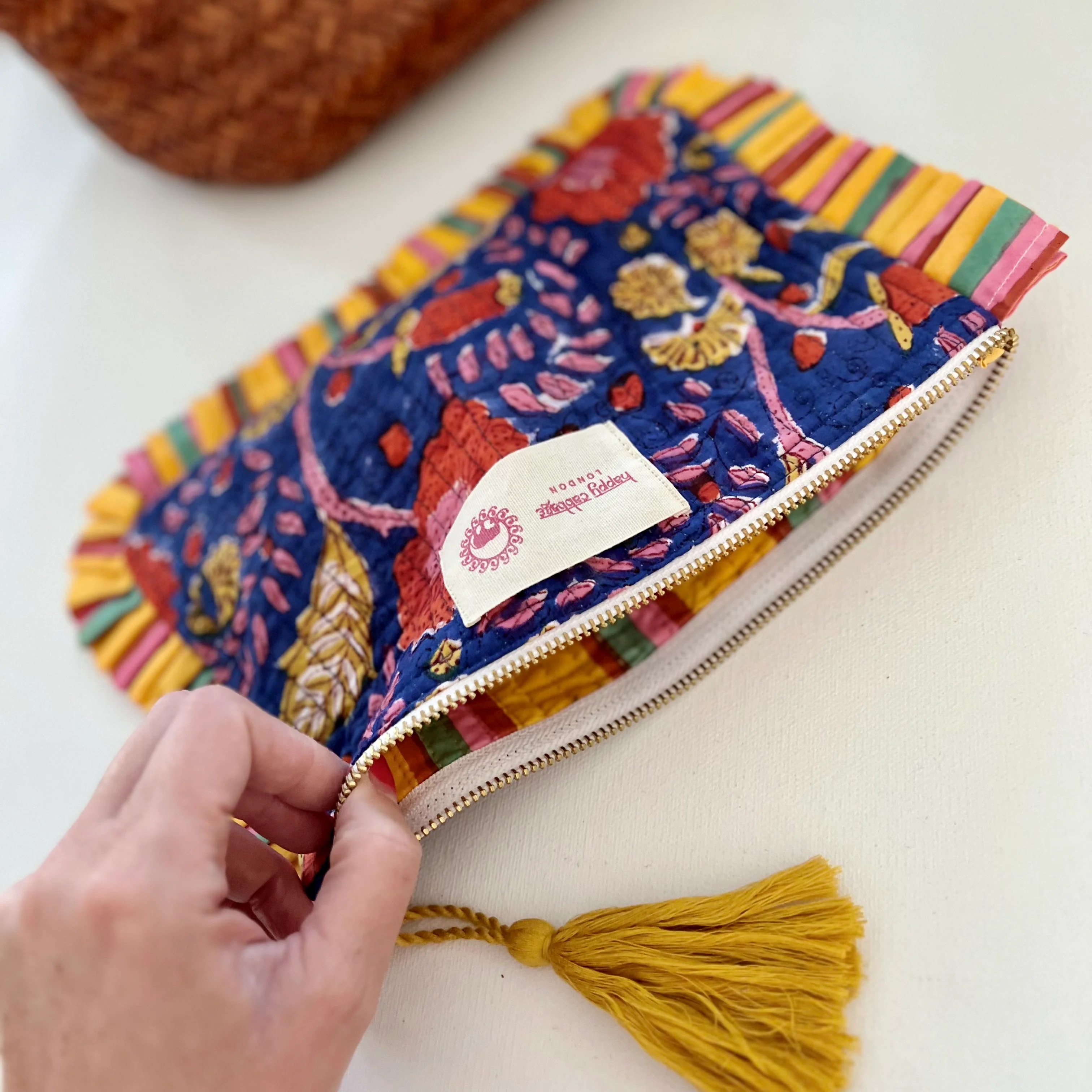 Block Printed Cotton Pouch - Blue, Red & Yellow - Happy Cabbage London