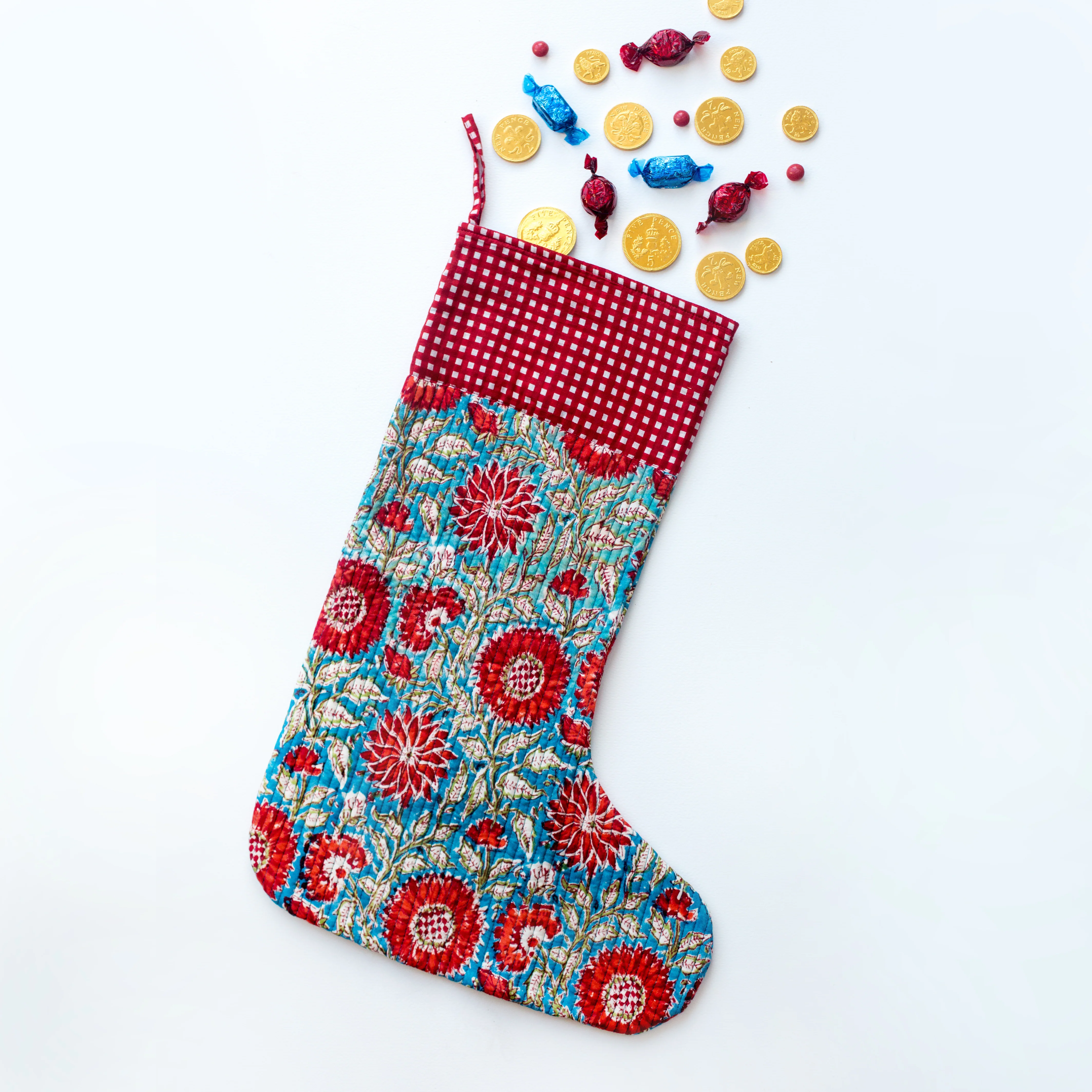 Luxury Quilted Christmas Stocking - Blue & Red - Happy Cabbage London