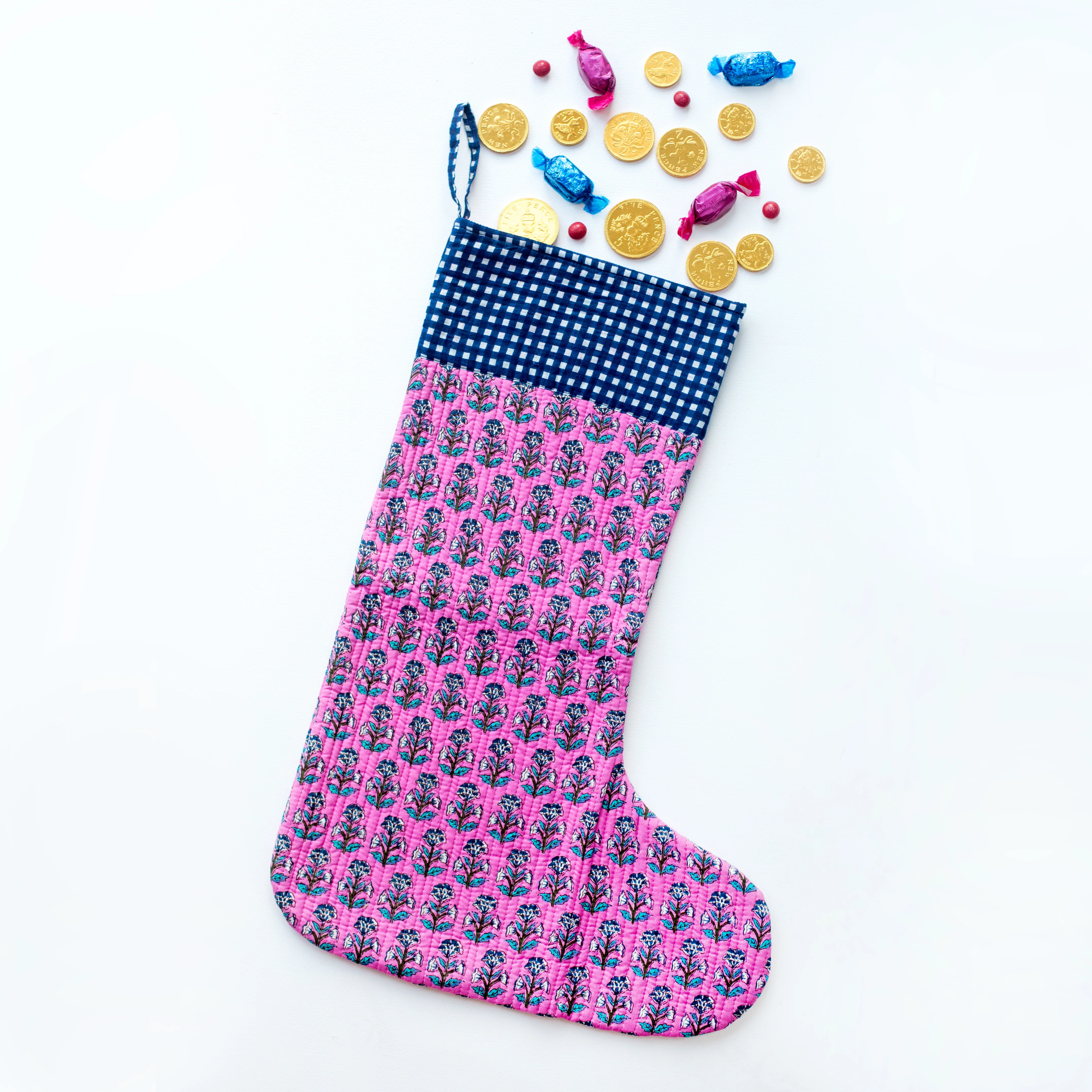 Luxury Quilted Christmas Stocking - Pink & Blue - Happy Cabbage London